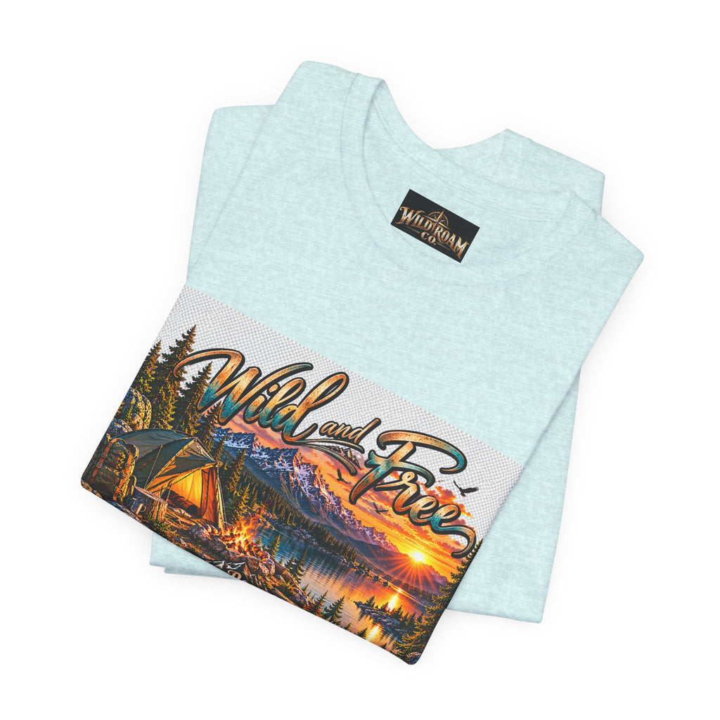 Wild and Free Camping T-Shirt — Mountain Lake Sunset Graphic Tee