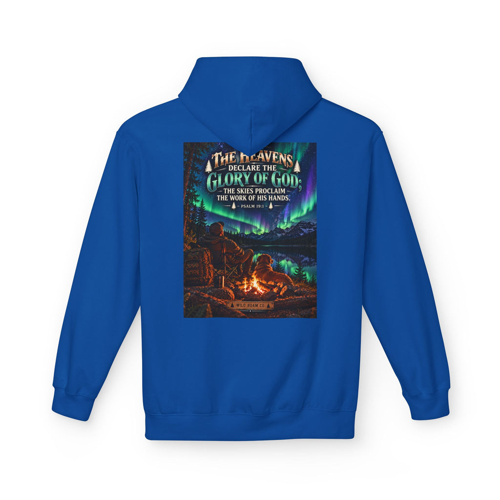Men's Wilderness Campfire Hoodie — "The Heavens Declare" Scenic Christian Adventure Pullover