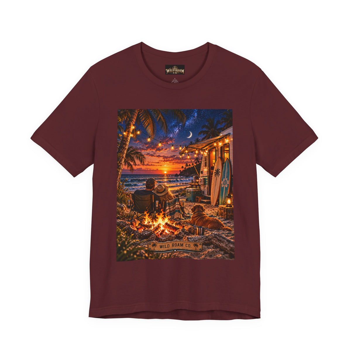 Beach Bonfire Sunset T-Shirt — Surfboard Campfire Coastal Graphic Tee