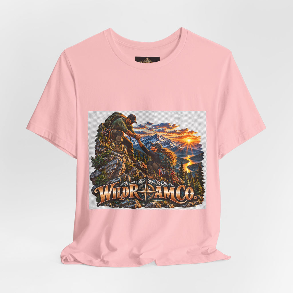 Couple Helping Hand Graphic Tee — Wild Roam Co. Mountain Climber Sunset T‑Shirt