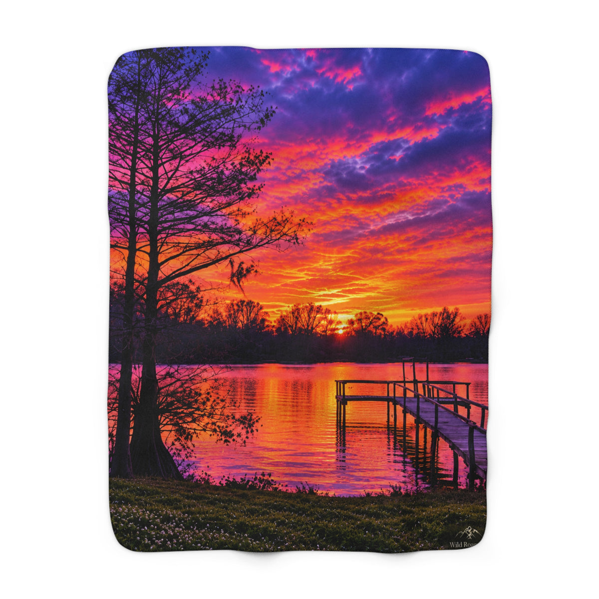 Sunset Lake Sherpa Blanket — Vibrant Dock & Sky Fleece Throw
