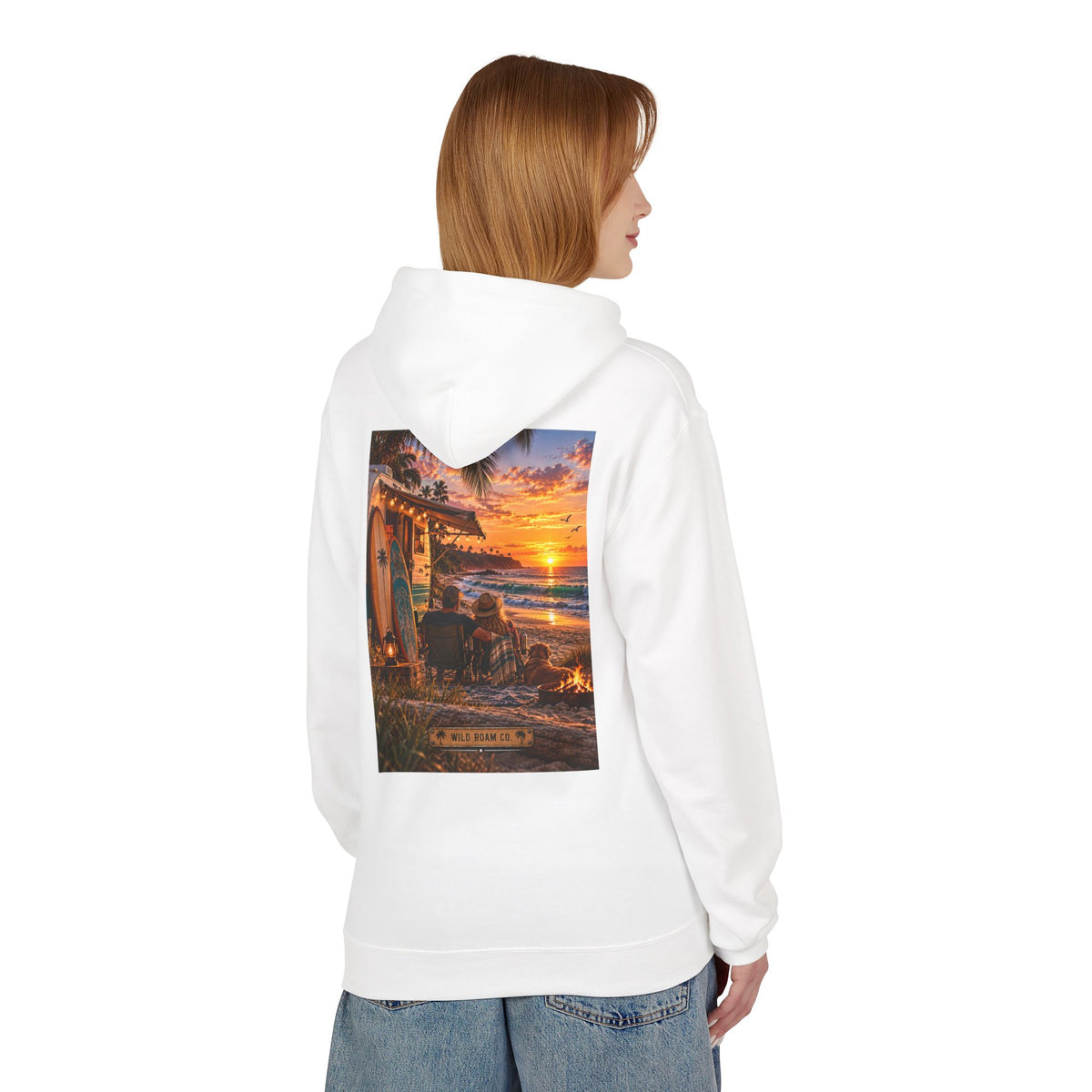 Wild Roam Co Hoodie--Surf Sunset Graphic Hoodie (Beach Sunset Surf Shack Design)