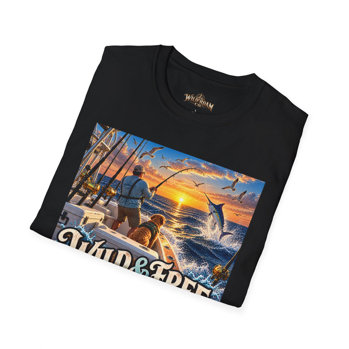Wild & Free to Roam Fishing T-Shirt — Ocean Sunset Angler Tee