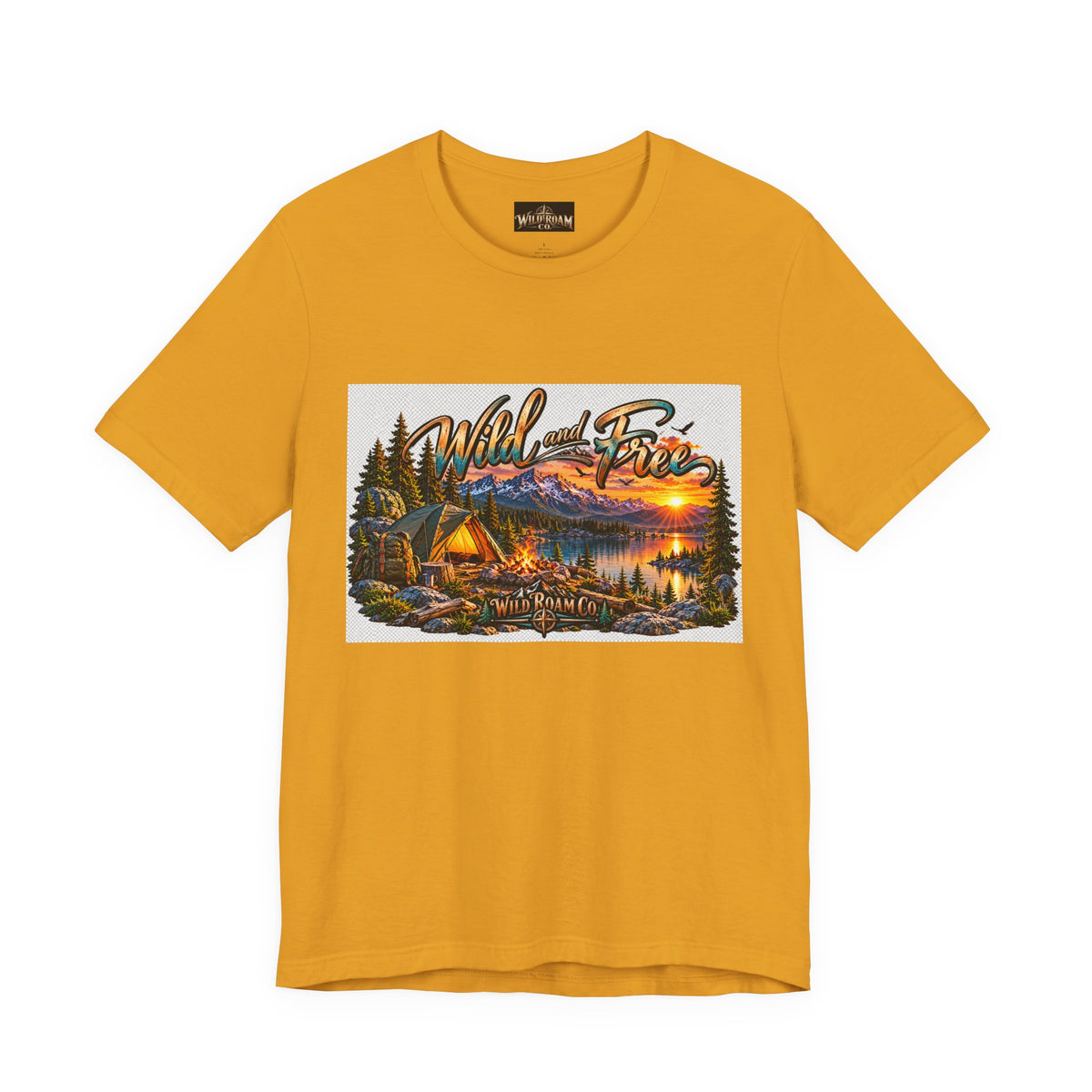 Wild and Free Camping T-Shirt — Mountain Lake Sunset Graphic Tee