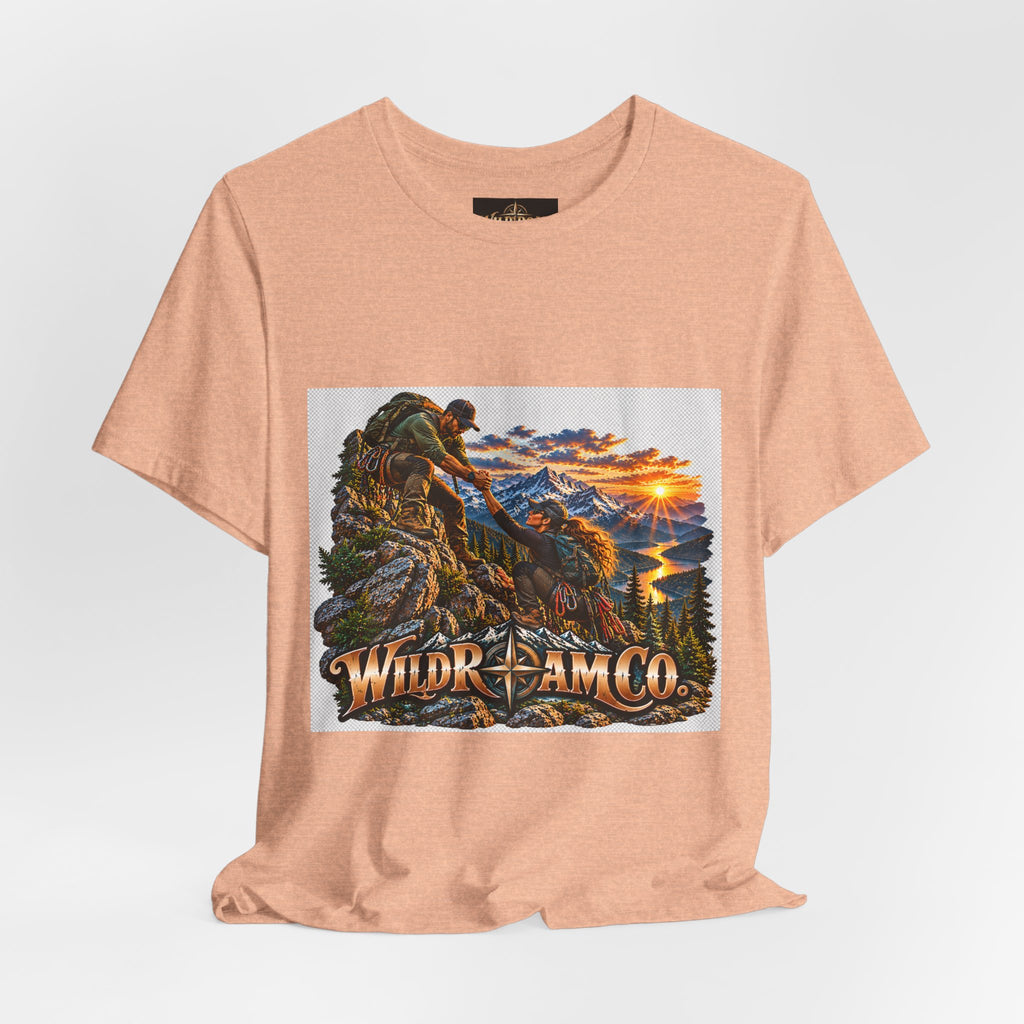 Couple Helping Hand Graphic Tee — Wild Roam Co. Mountain Climber Sunset T‑Shirt
