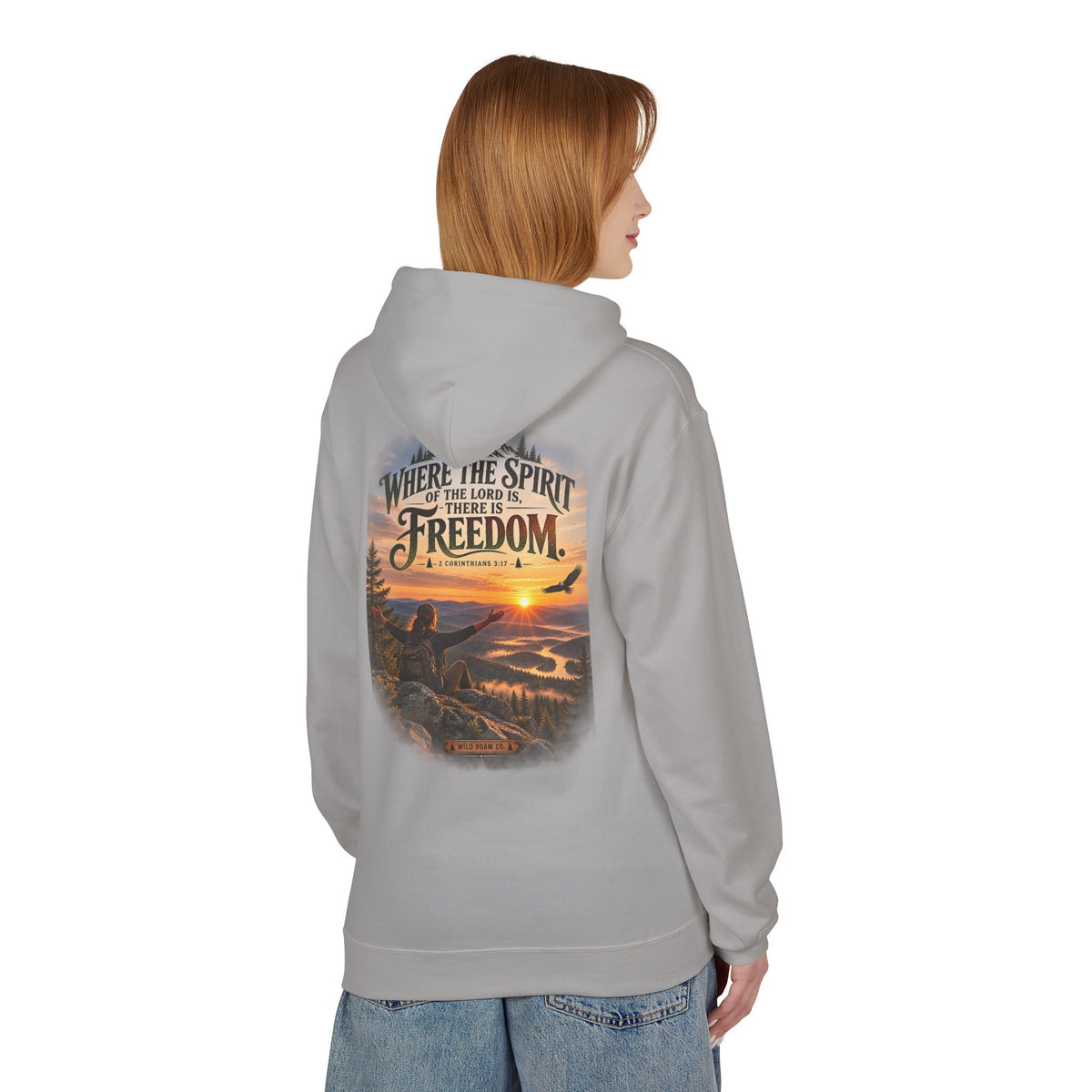 Women's Freedom Wilderness Hoodie — "Where the Spirit of the Lord is Freedom" Scenic Outdoor Pullover