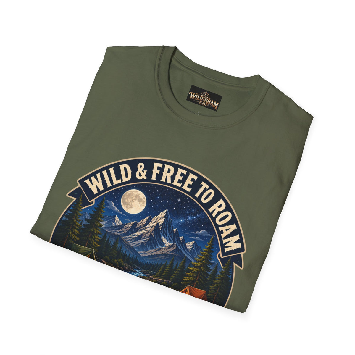Camping T-Shirt — "Wild & Free to Roam" Mountain Campfire Graphic