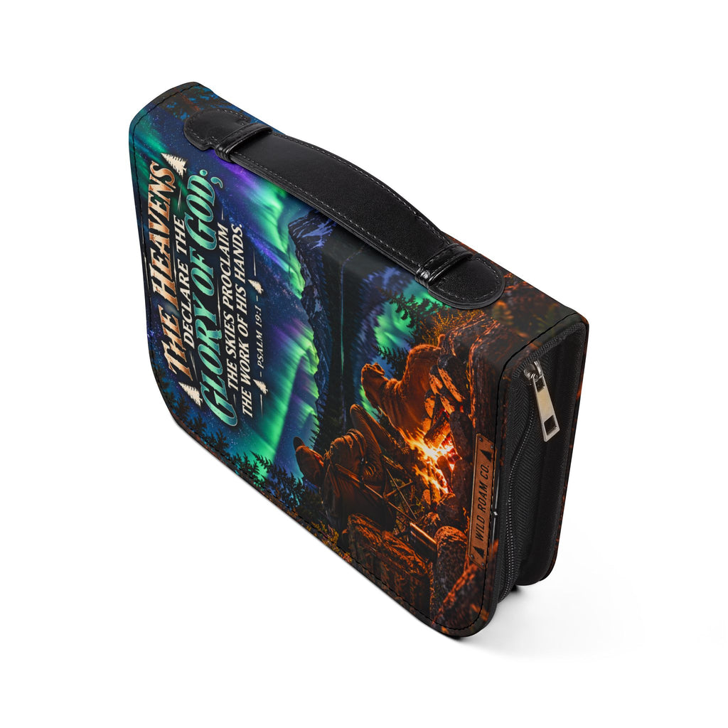 Men's Bible Cover — "The Heavens Declare the Glory of God" Psalm 19:1 Northern Lights Camping Design