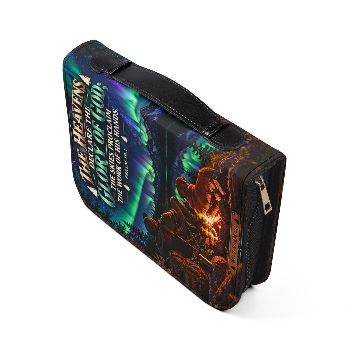 Men's Bible Cover — "The Heavens Declare the Glory of God" Psalm 19:1 Northern Lights Camping Design