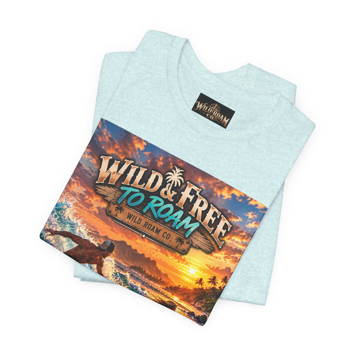 Surfing Sunset T‑Shirt — "Wild & Free to Roam" Beach Graphic Tee