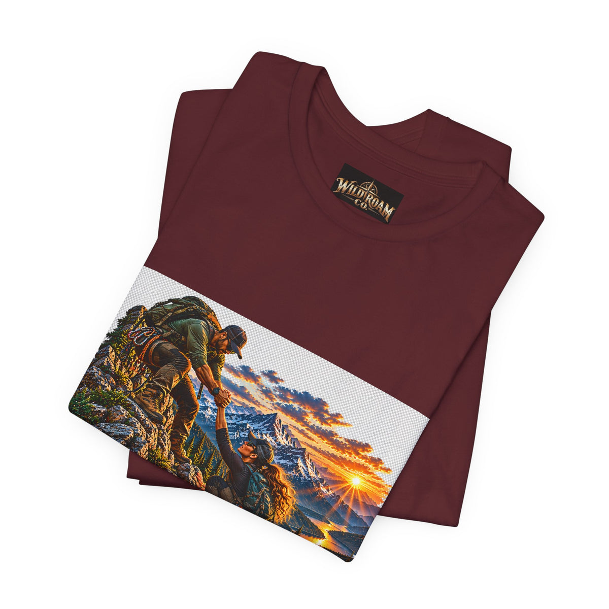 Couple Helping Hand Graphic Tee — Wild Roam Co. Mountain Climber Sunset T‑Shirt