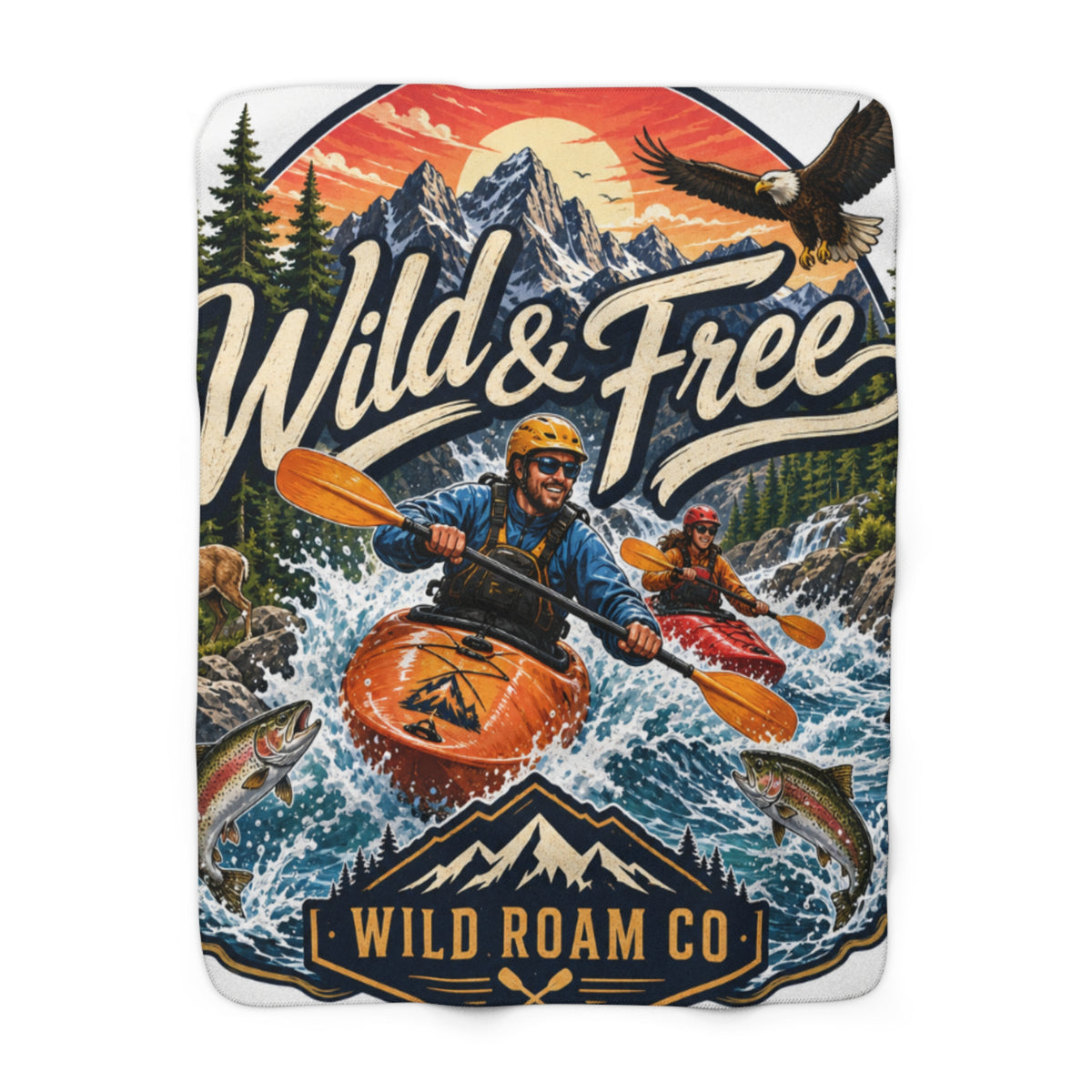 Sherpa Fleece Blanket — "Wild & Free" Kayaking Adventure Throw