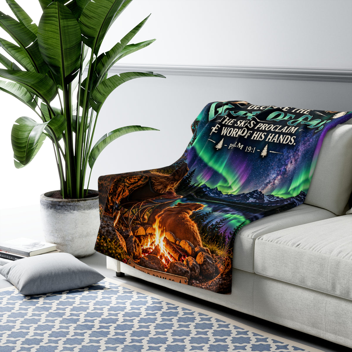 Sherpa Blanket — "The Heavens Declare the Glory of God" Psalm 19:1 Aurora Campfire Throw