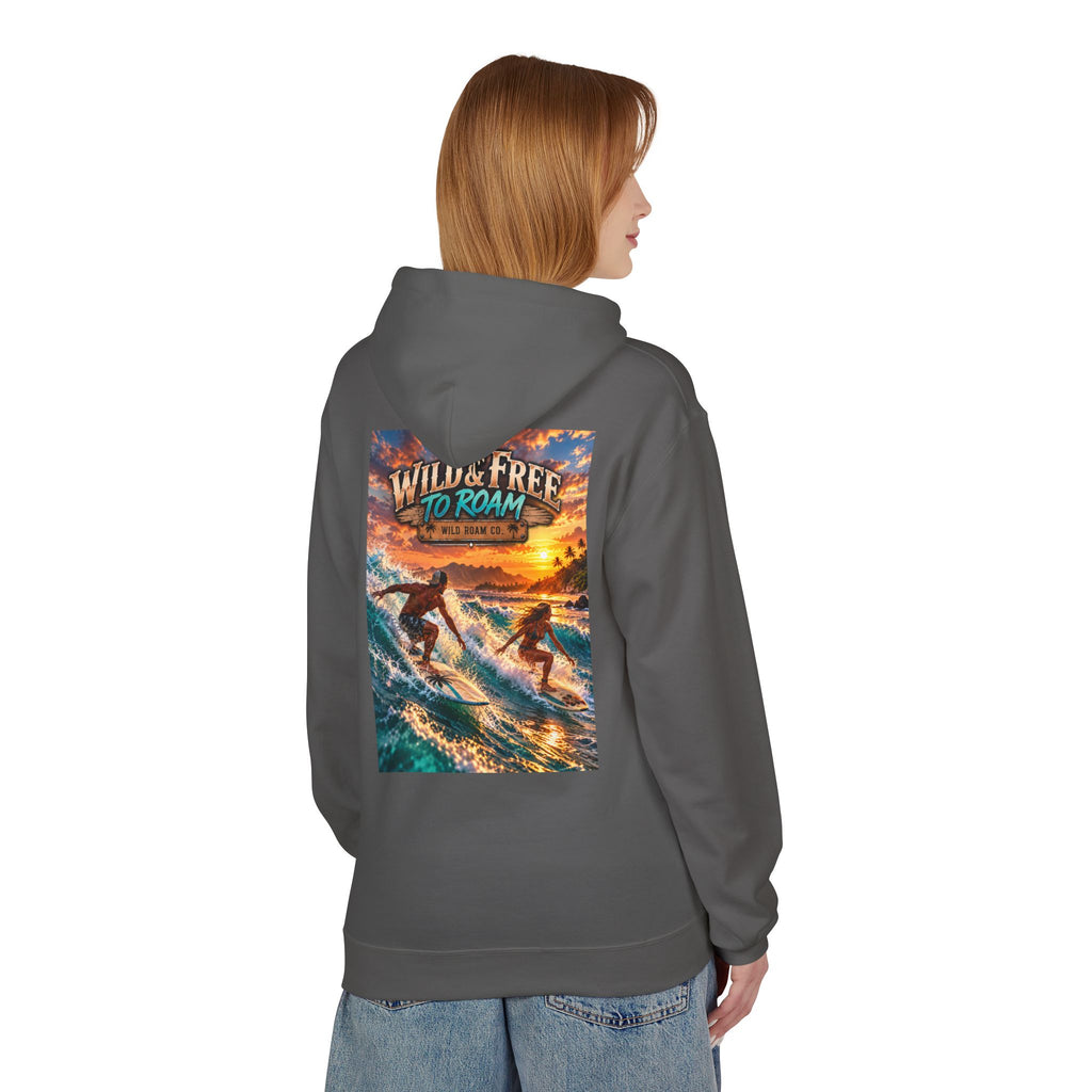 Surf Adventure Hoodie — "Wild & Free to Roam" Sunset Surf Graphic