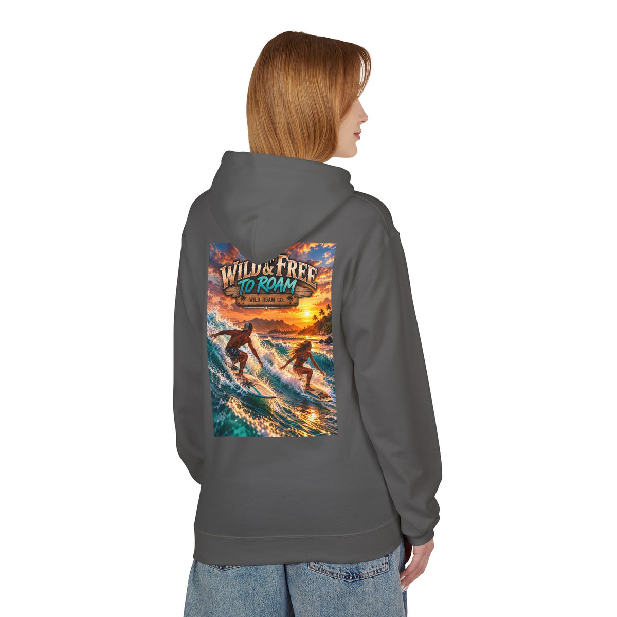 Surf Adventure Hoodie — "Wild & Free to Roam" Sunset Surf Graphic