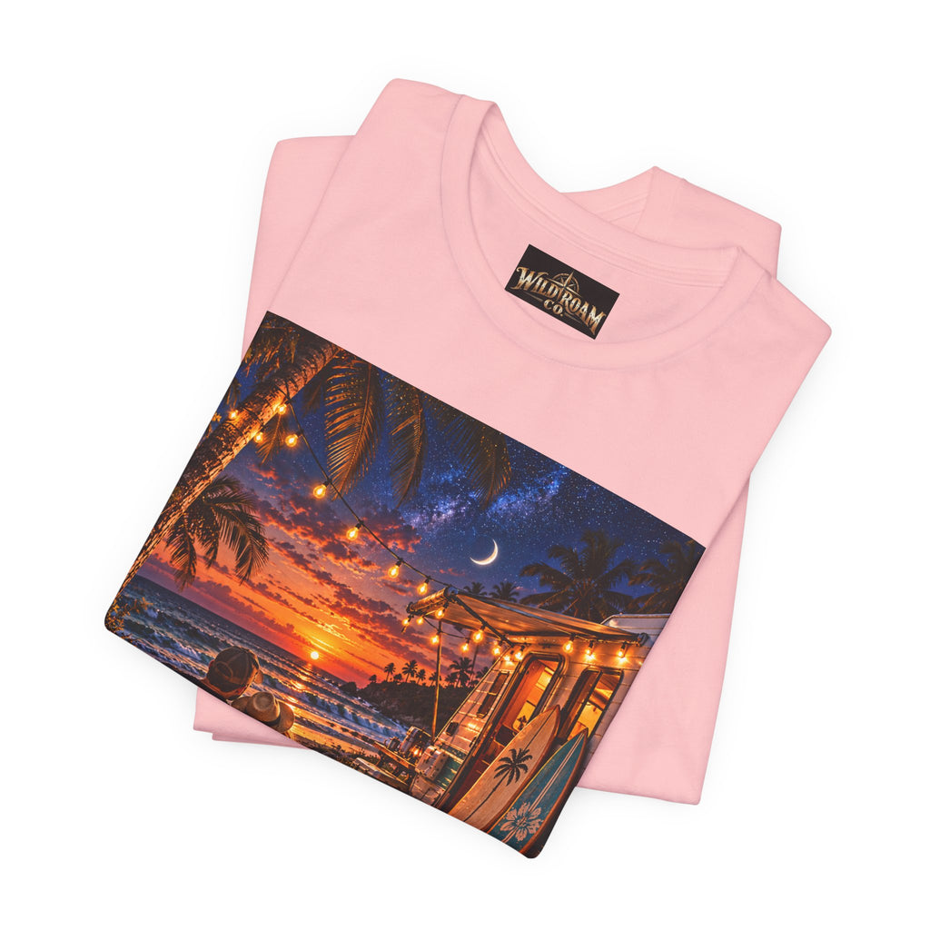 Beach Bonfire Sunset T-Shirt — Surfboard Campfire Coastal Graphic Tee