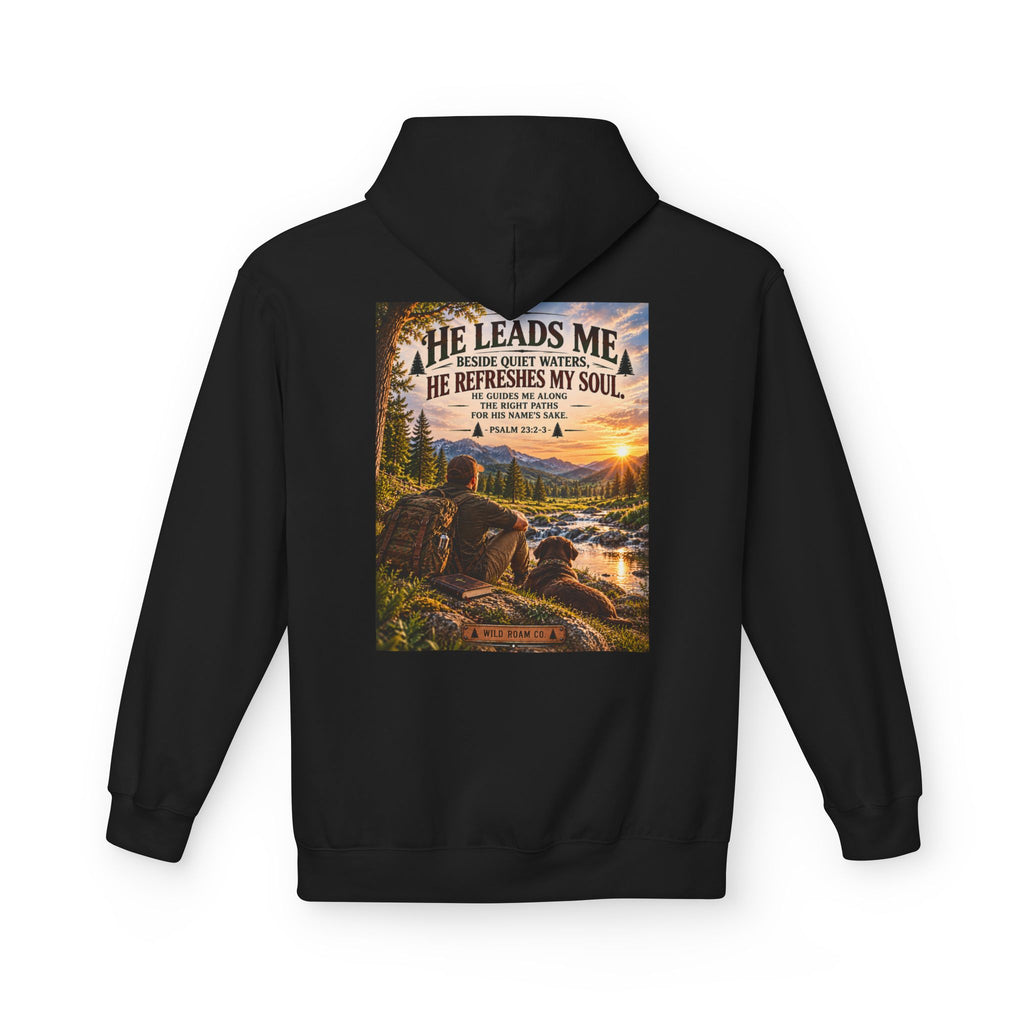 Men's Hoodie — "He Leads Me" Scenic Christian Outdoors Hoodie