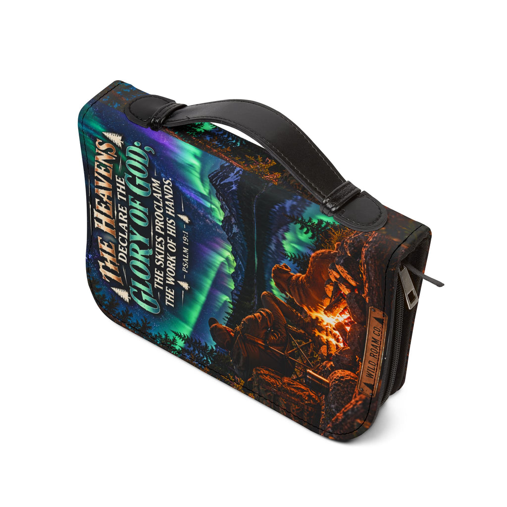 Men's Bible Cover — "The Heavens Declare the Glory of God" Psalm 19:1 Northern Lights Camping Design