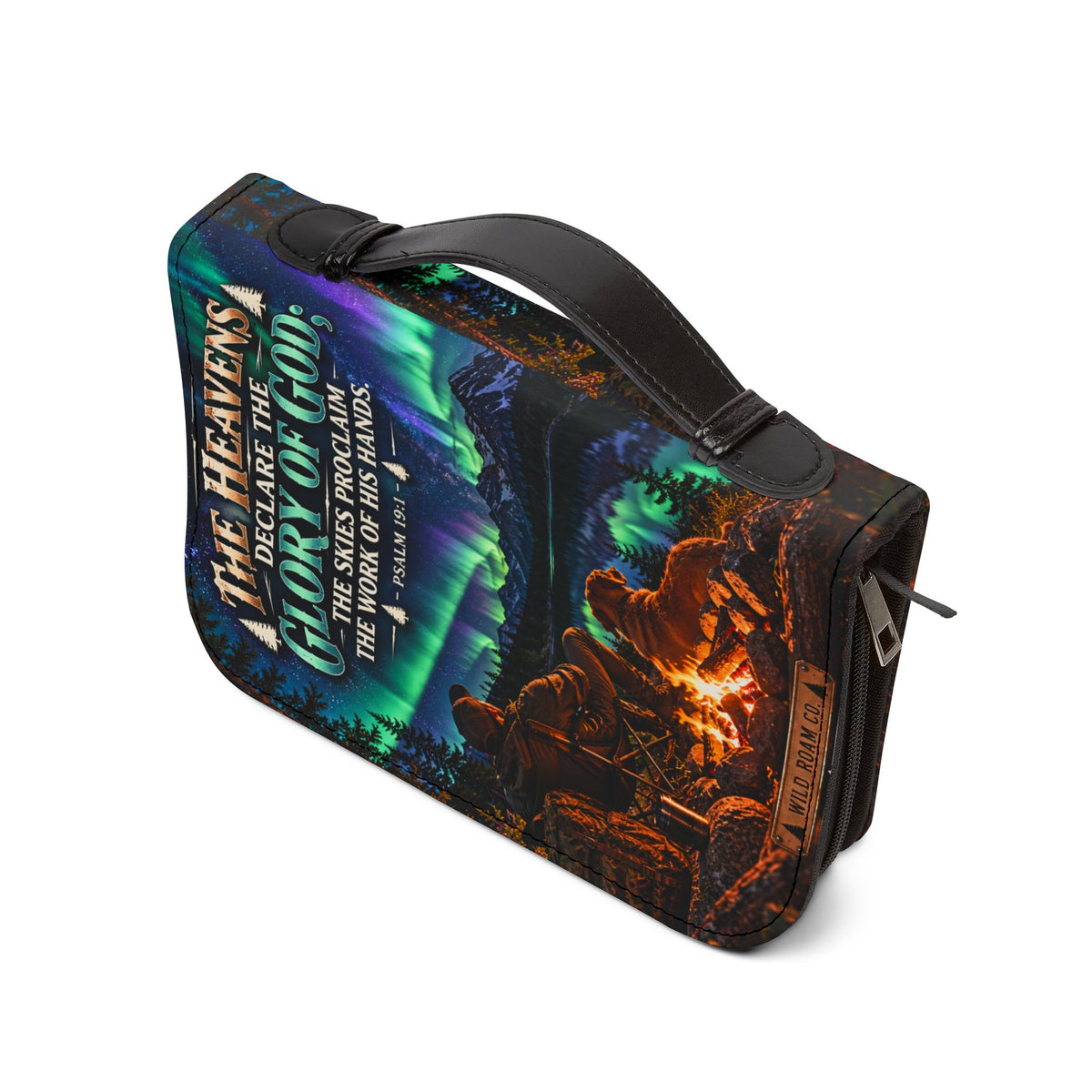 Men's Bible Cover — "The Heavens Declare the Glory of God" Psalm 19:1 Northern Lights Camping Design