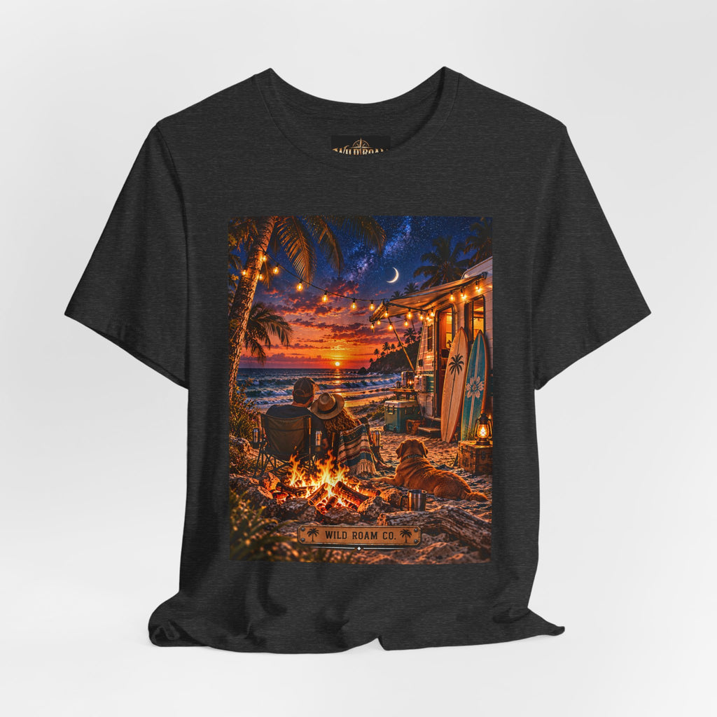 Beach Bonfire Sunset T-Shirt — Surfboard Campfire Coastal Graphic Tee