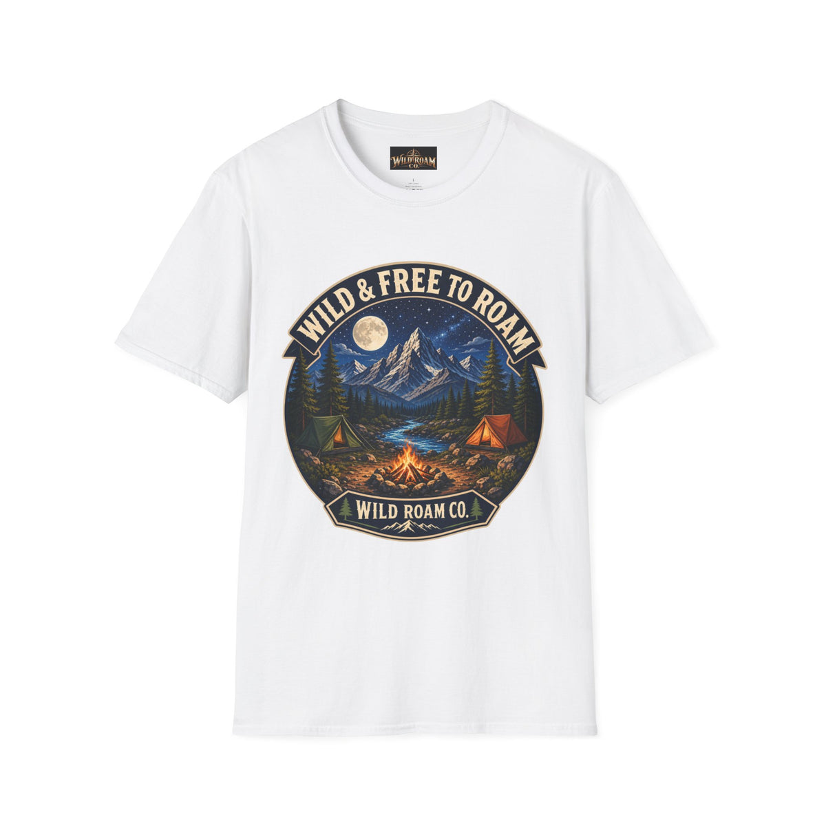 Camping T-Shirt — "Wild & Free to Roam" Mountain Campfire Graphic