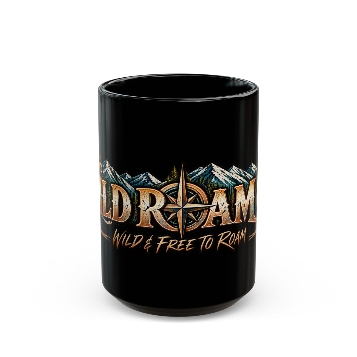 Wild Roam Black Mug — "Wild & Free to Roam" Mountain Compass Coffee Cup