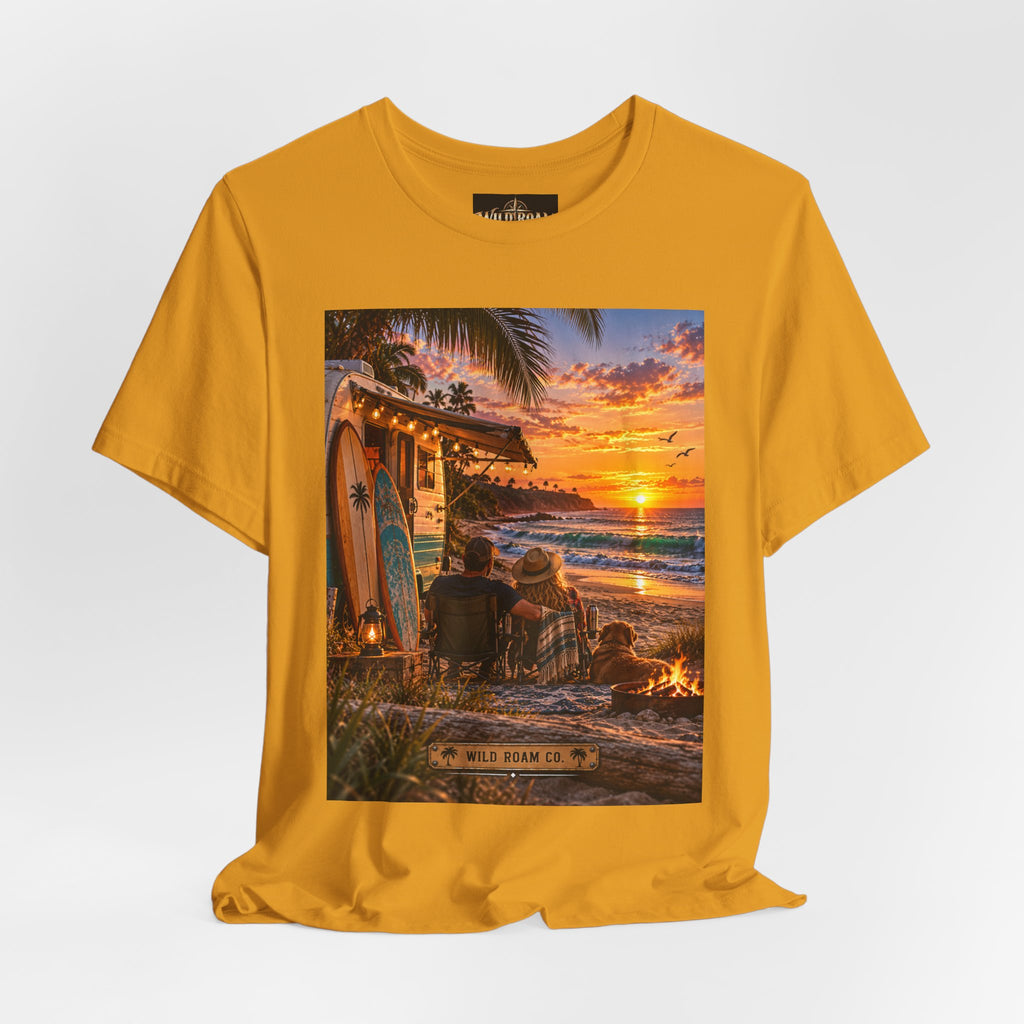 Sunset Surf Camp Tee — Beach Sunset Couple Graphic T-Shirt