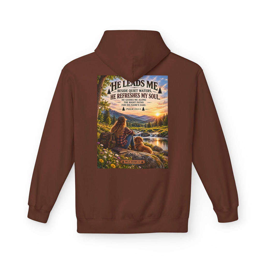 Women's Wild Roam Co. Scenic Hoodie — "He Leads Me Beside Quiet Waters" Inspirational Nature Pullover