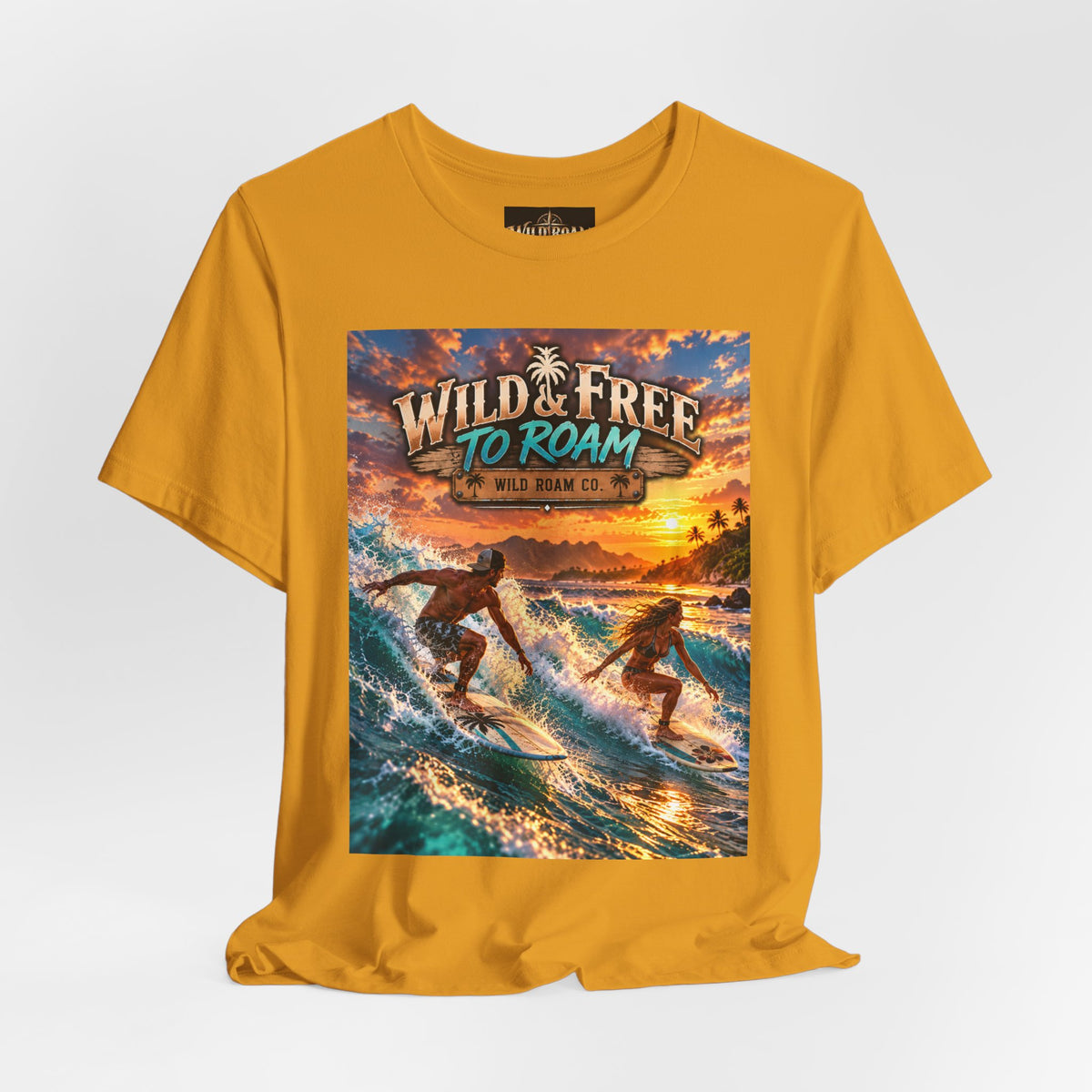 Surfing Sunset T‑Shirt — "Wild & Free to Roam" Beach Graphic Tee