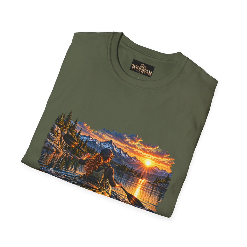 Women's T-shirt--Wild Roam Co Kayak Sunset Graphic(Outdoor Adventure Tee)