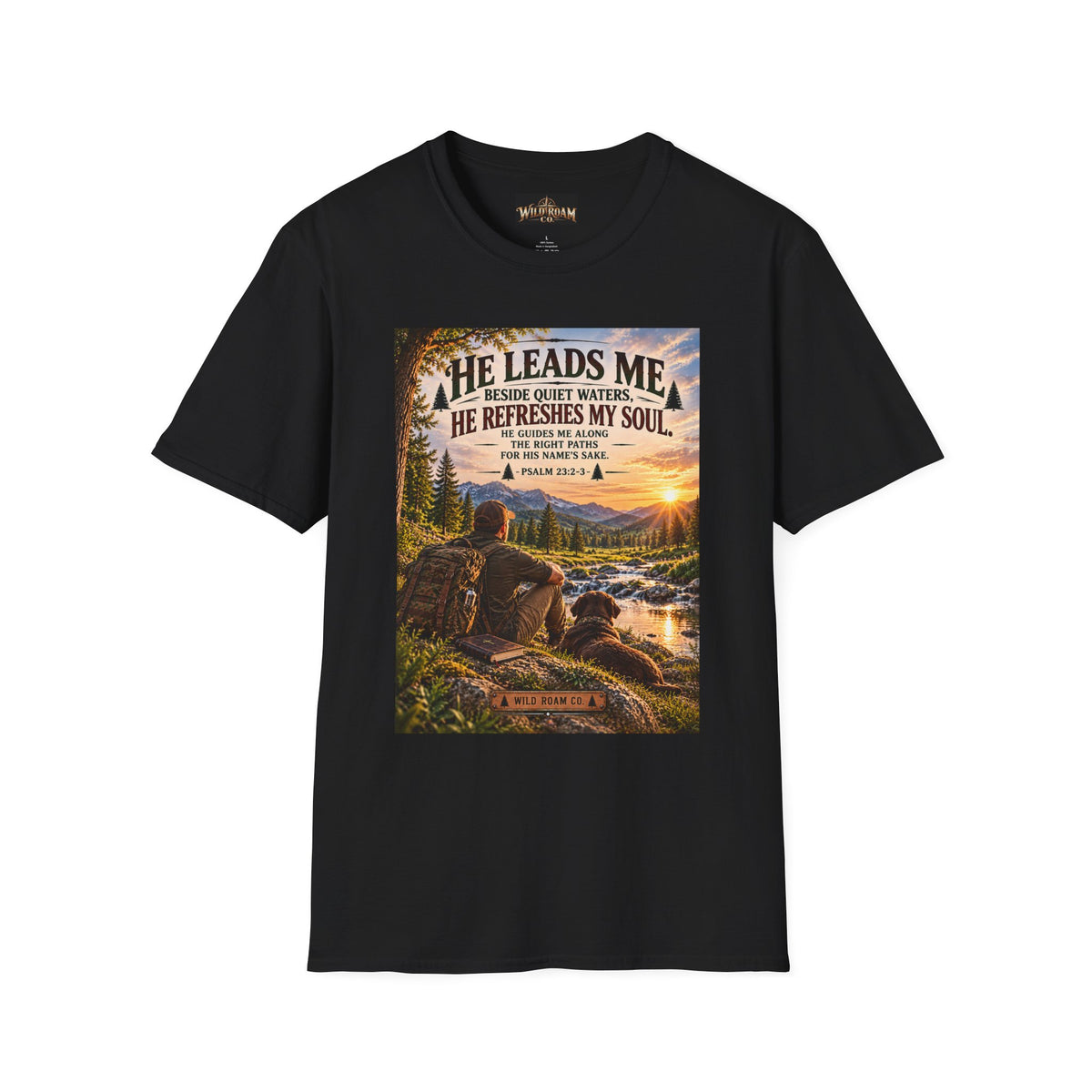 Men's He Leads Me Psalm 23 Scenic T-Shirt — Christian Faith Outdoors Graphic Tee