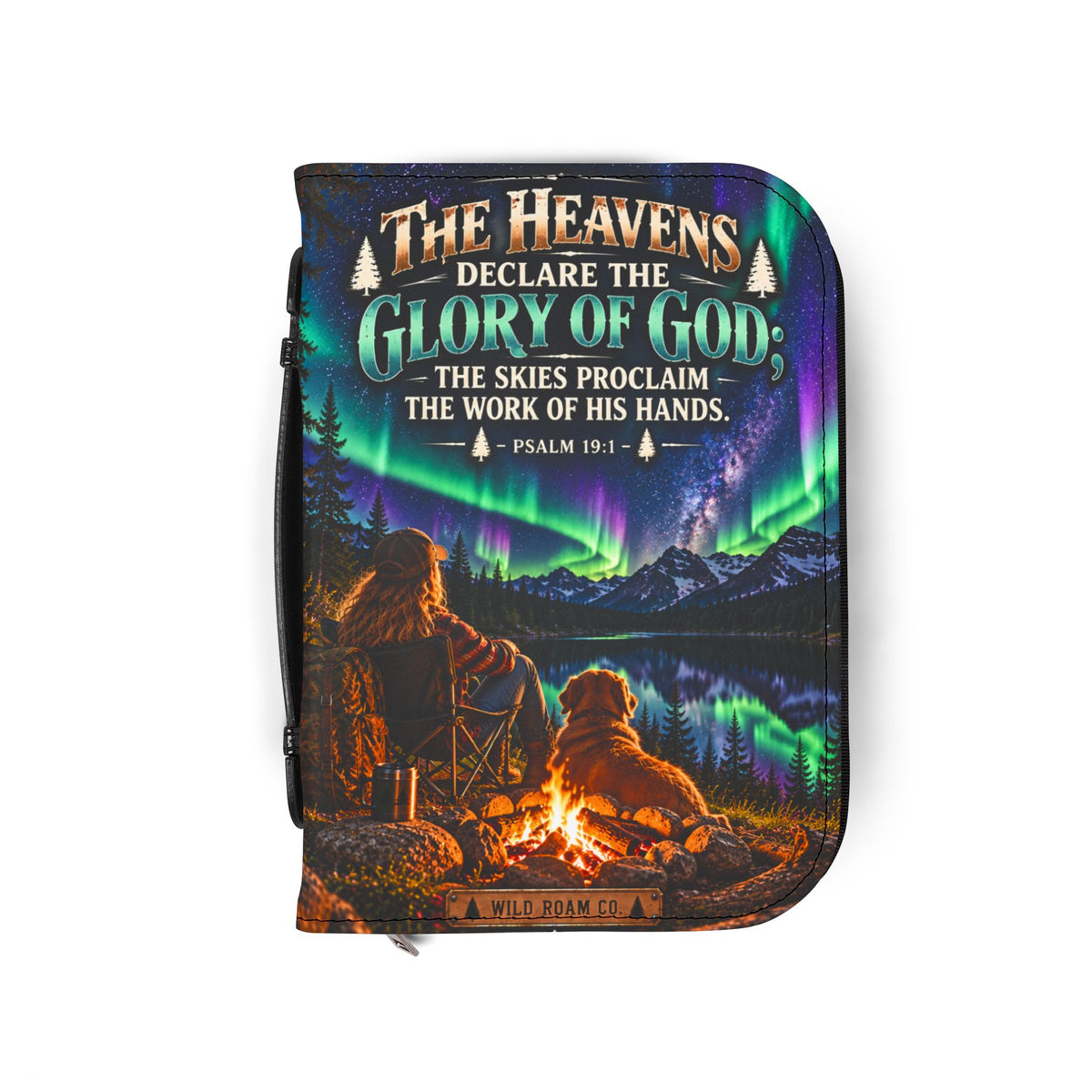 Women's Bible Cover — "The Heavens Declare the Glory of God" Aurora Camping Psalm 19:1 Zippered Bible Case