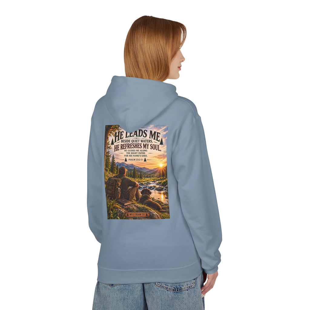 Men's Hoodie — "He Leads Me" Scenic Christian Outdoors Hoodie