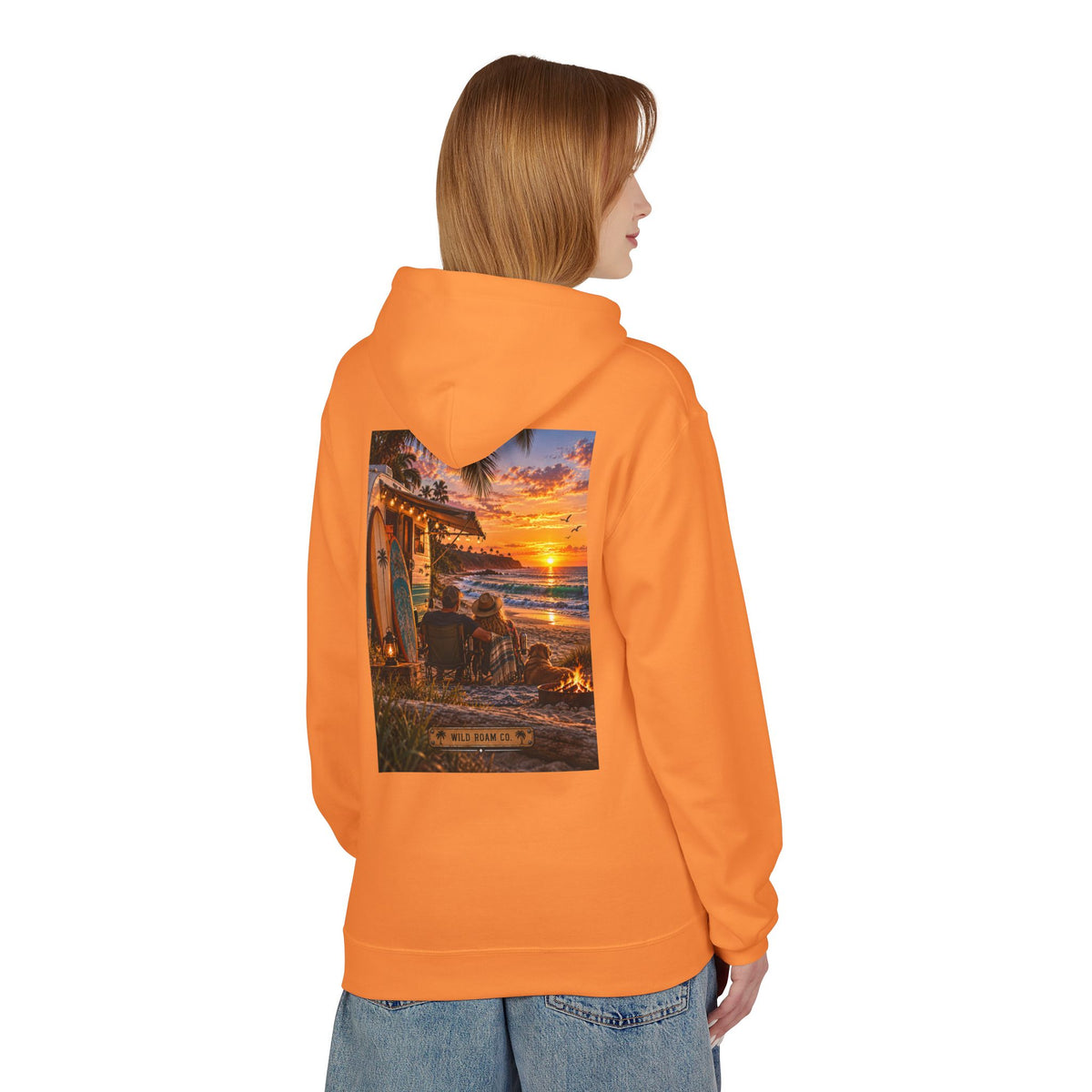 Wild Roam Co Hoodie--Surf Sunset Graphic Hoodie (Beach Sunset Surf Shack Design)