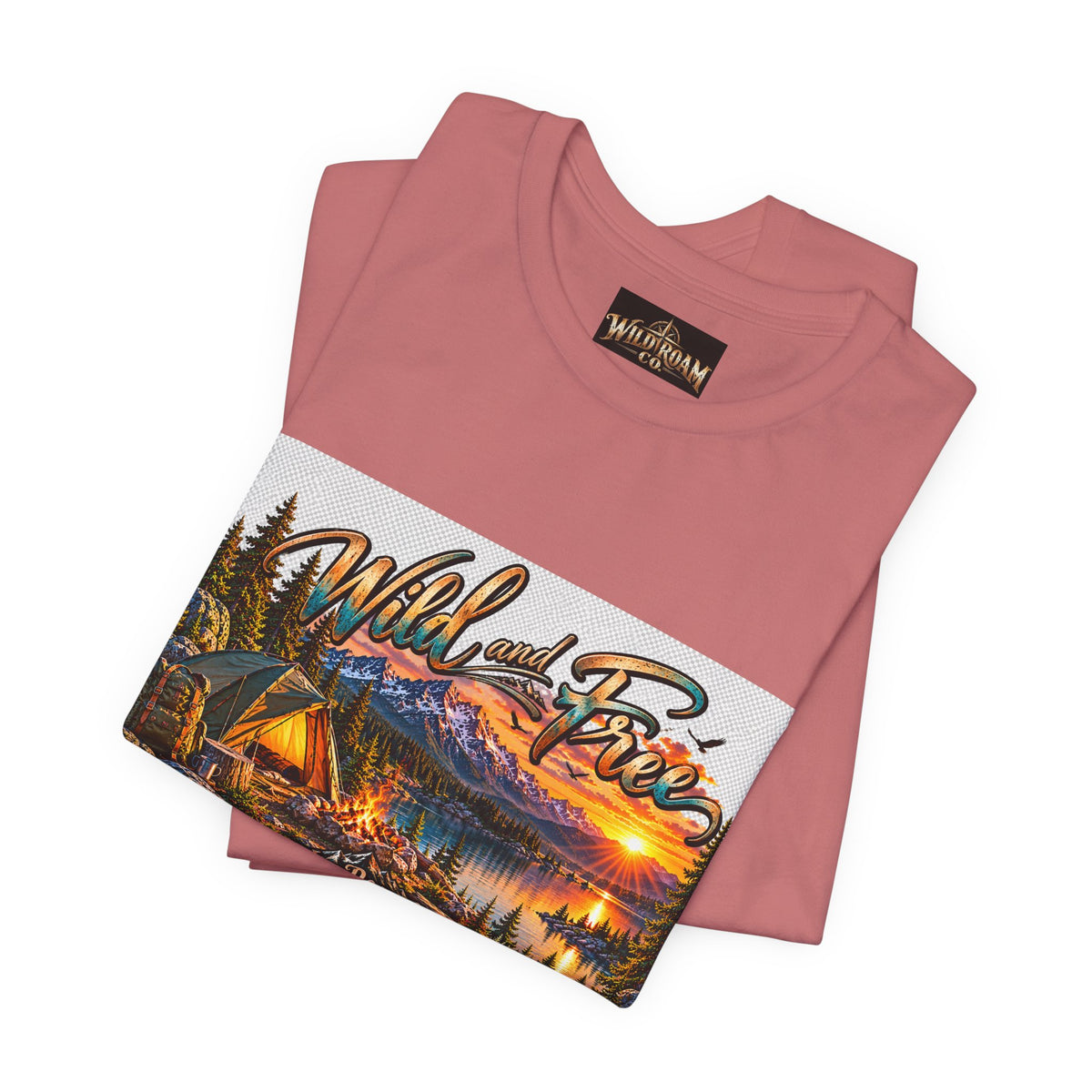 Wild and Free Camping T-Shirt — Mountain Lake Sunset Graphic Tee
