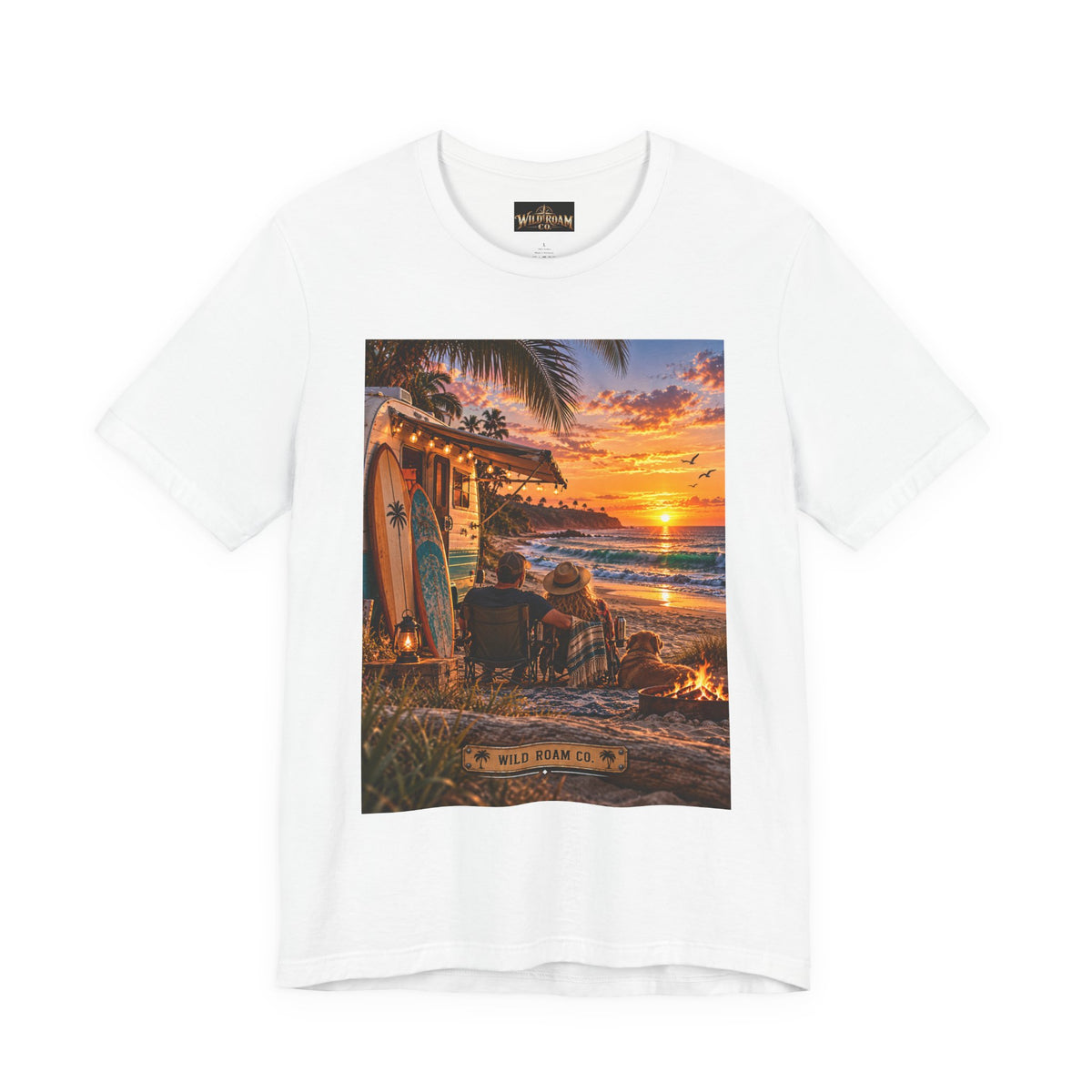Sunset Surf Camp Tee — Beach Sunset Couple Graphic T-Shirt