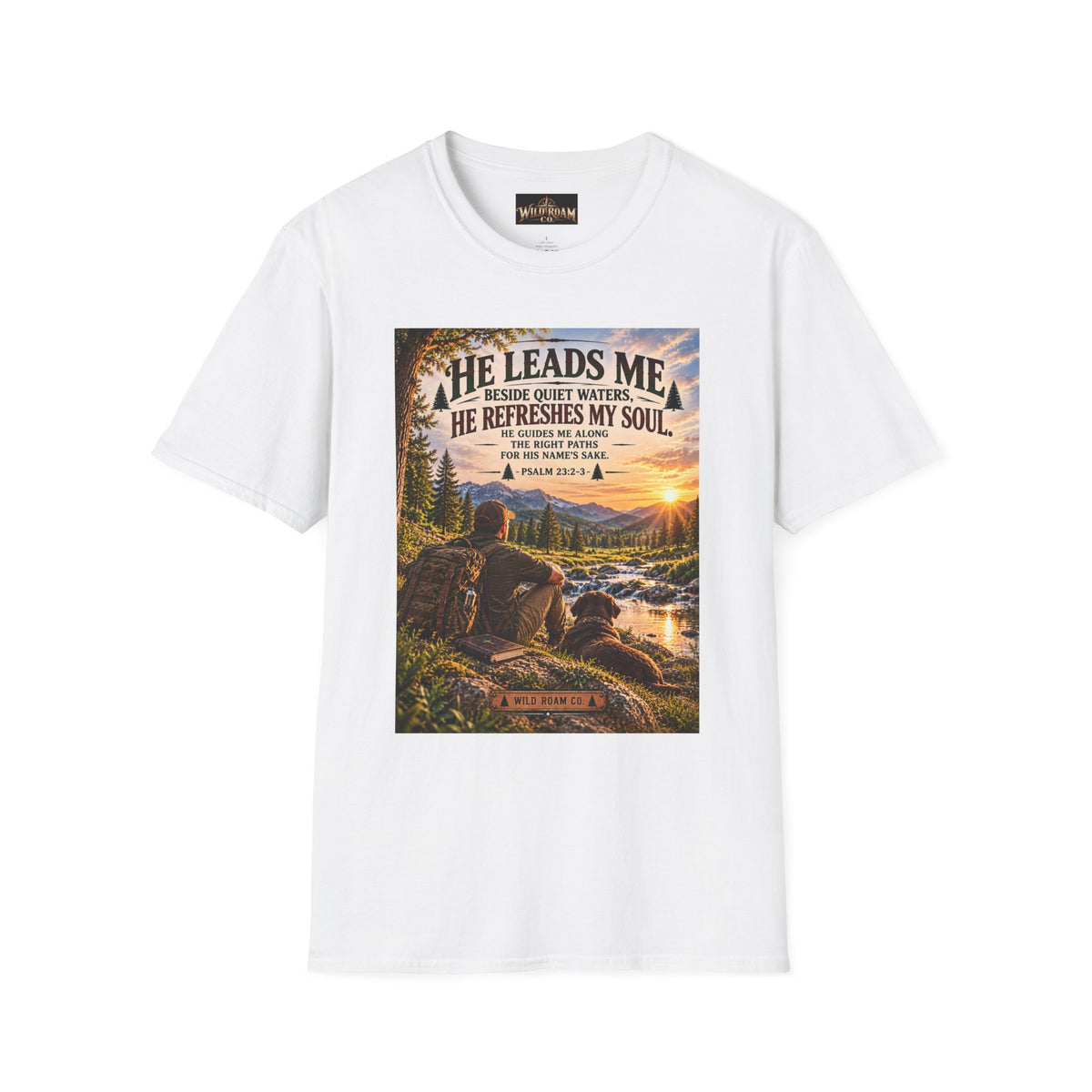 Men's He Leads Me Psalm 23 Scenic T-Shirt — Christian Faith Outdoors Graphic Tee