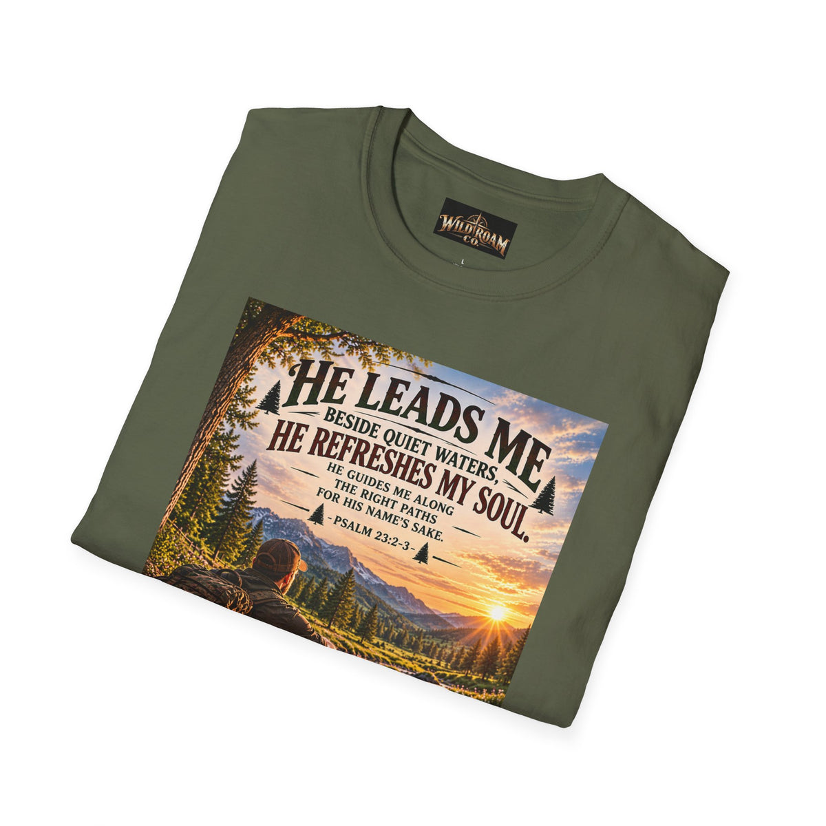 Men's He Leads Me Psalm 23 Scenic T-Shirt — Christian Faith Outdoors Graphic Tee