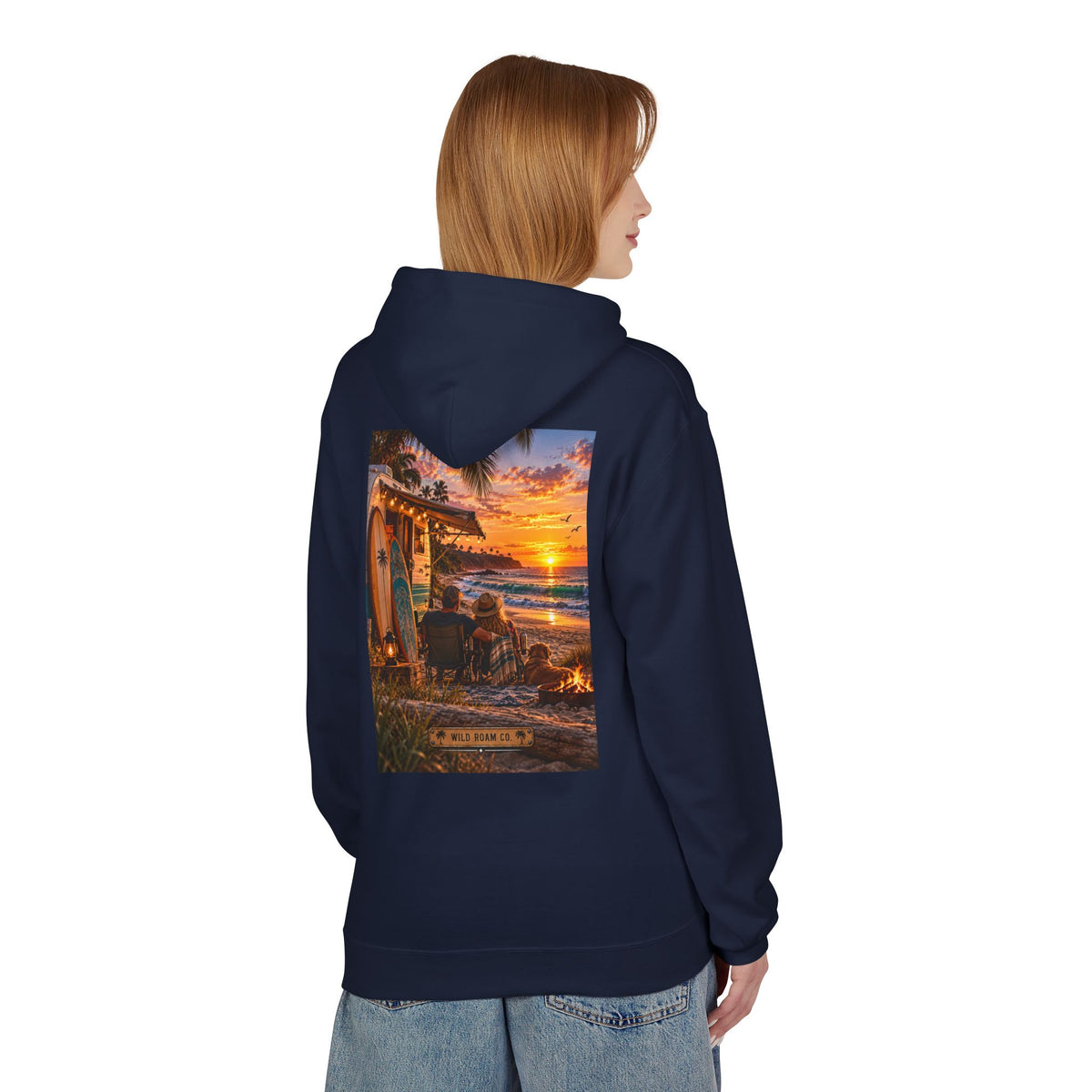 Wild Roam Co Hoodie--Surf Sunset Graphic Hoodie (Beach Sunset Surf Shack Design)