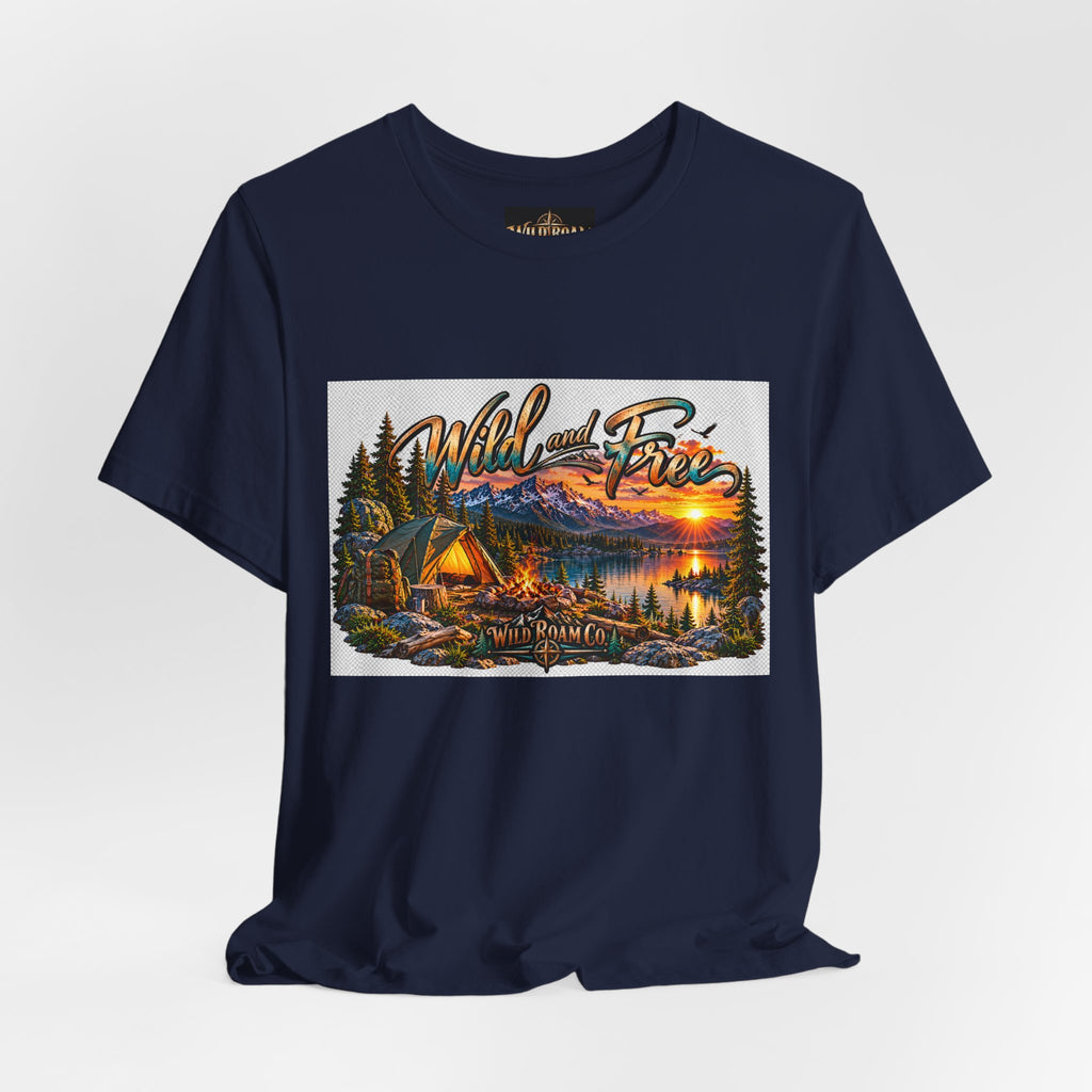Wild and Free Camping T-Shirt — Mountain Lake Sunset Graphic Tee
