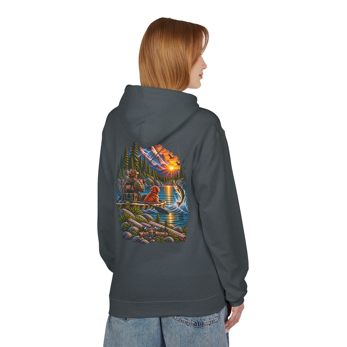 Wild Roam Co. Scenic Adventure Hoodie — "Wild Roam" Mountain & Lake Graphic