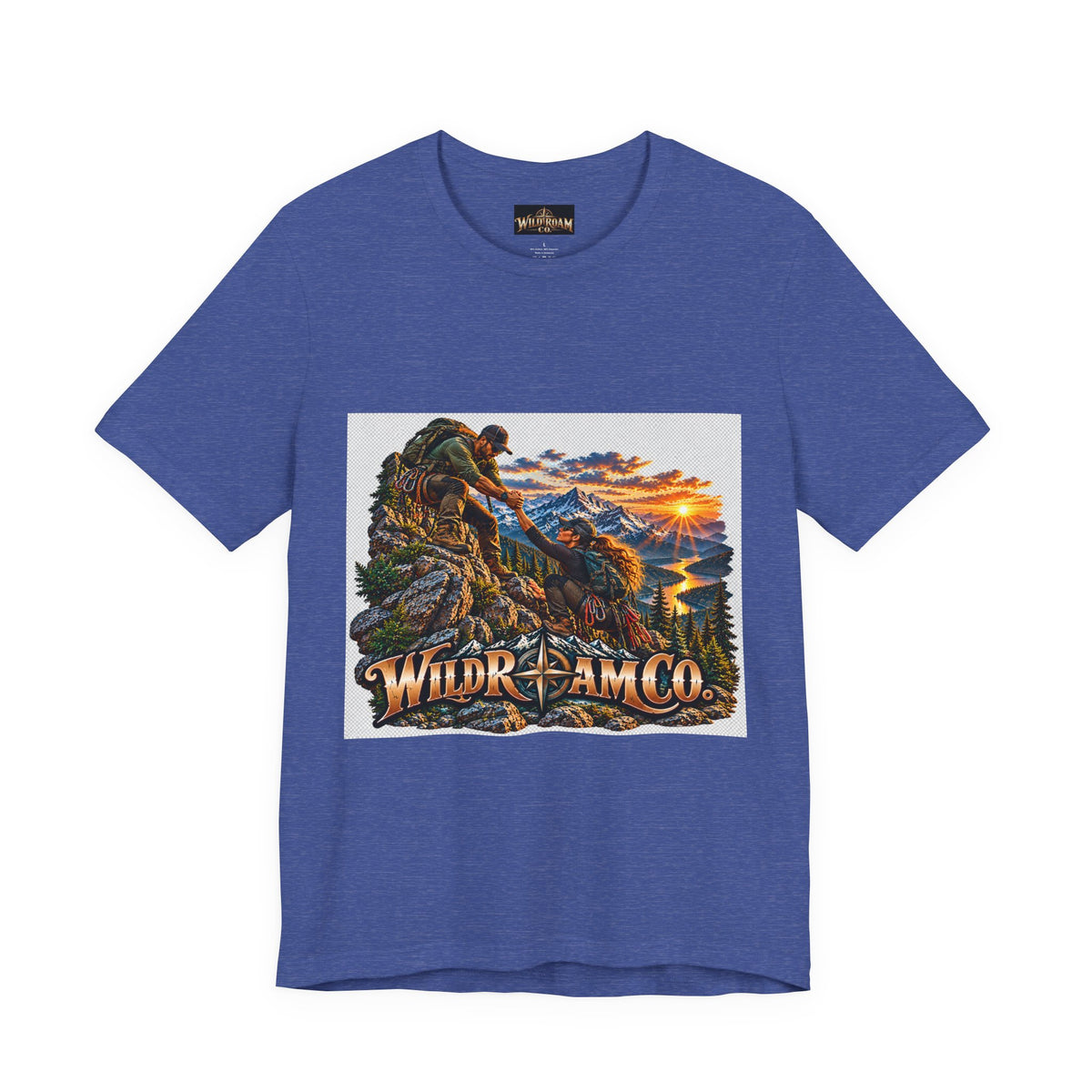 Couple Helping Hand Graphic Tee — Wild Roam Co. Mountain Climber Sunset T‑Shirt