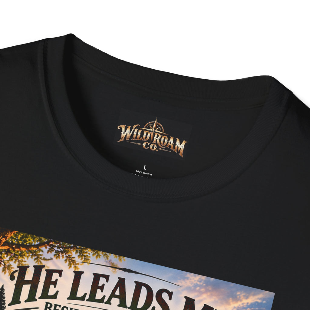 Men's He Leads Me Psalm 23 Scenic T-Shirt — Christian Faith Outdoors Graphic Tee