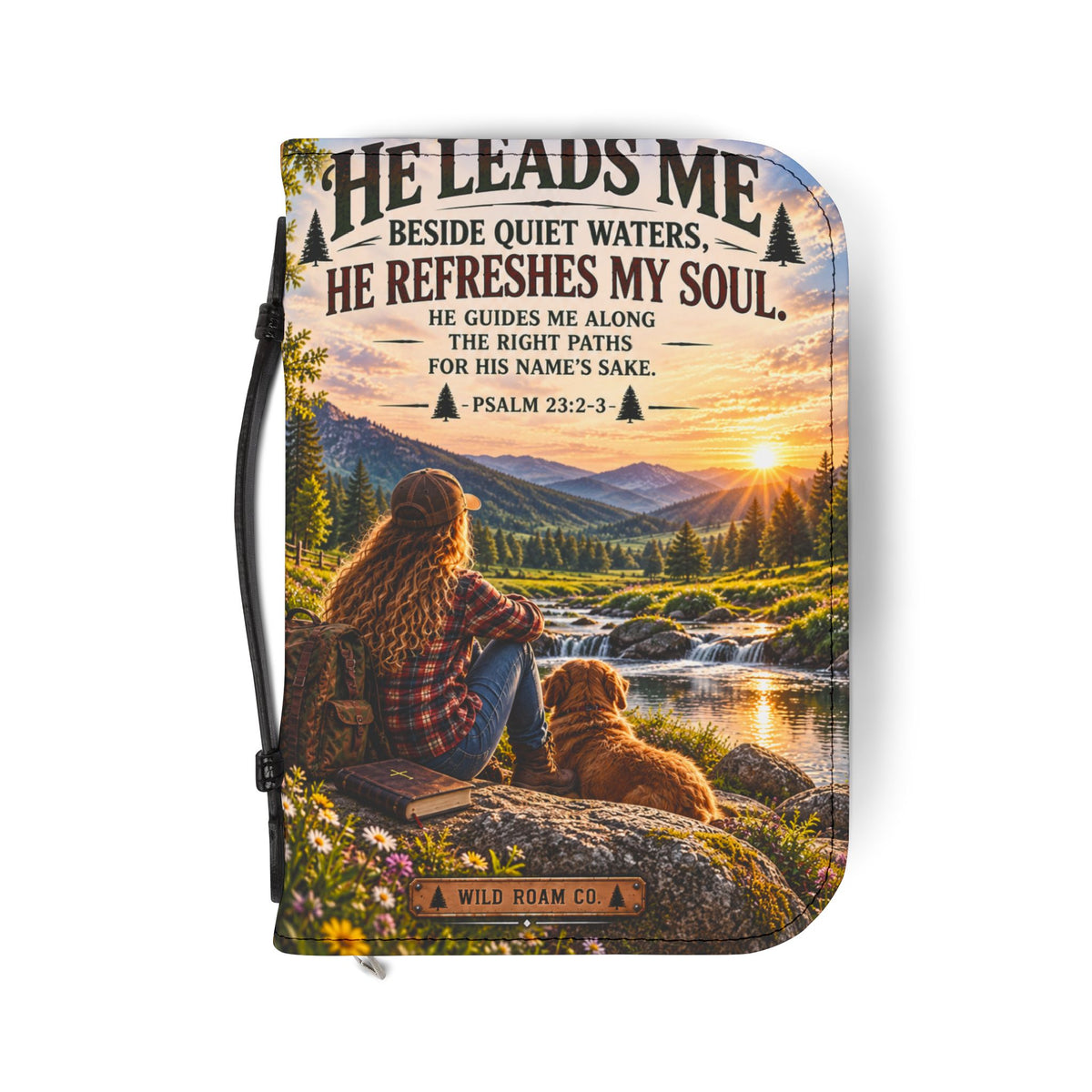Men's Bible Cover — "He Leads Me Beside Quiet Waters" Psalm 23:2-3 Inspiring Outdoors Design