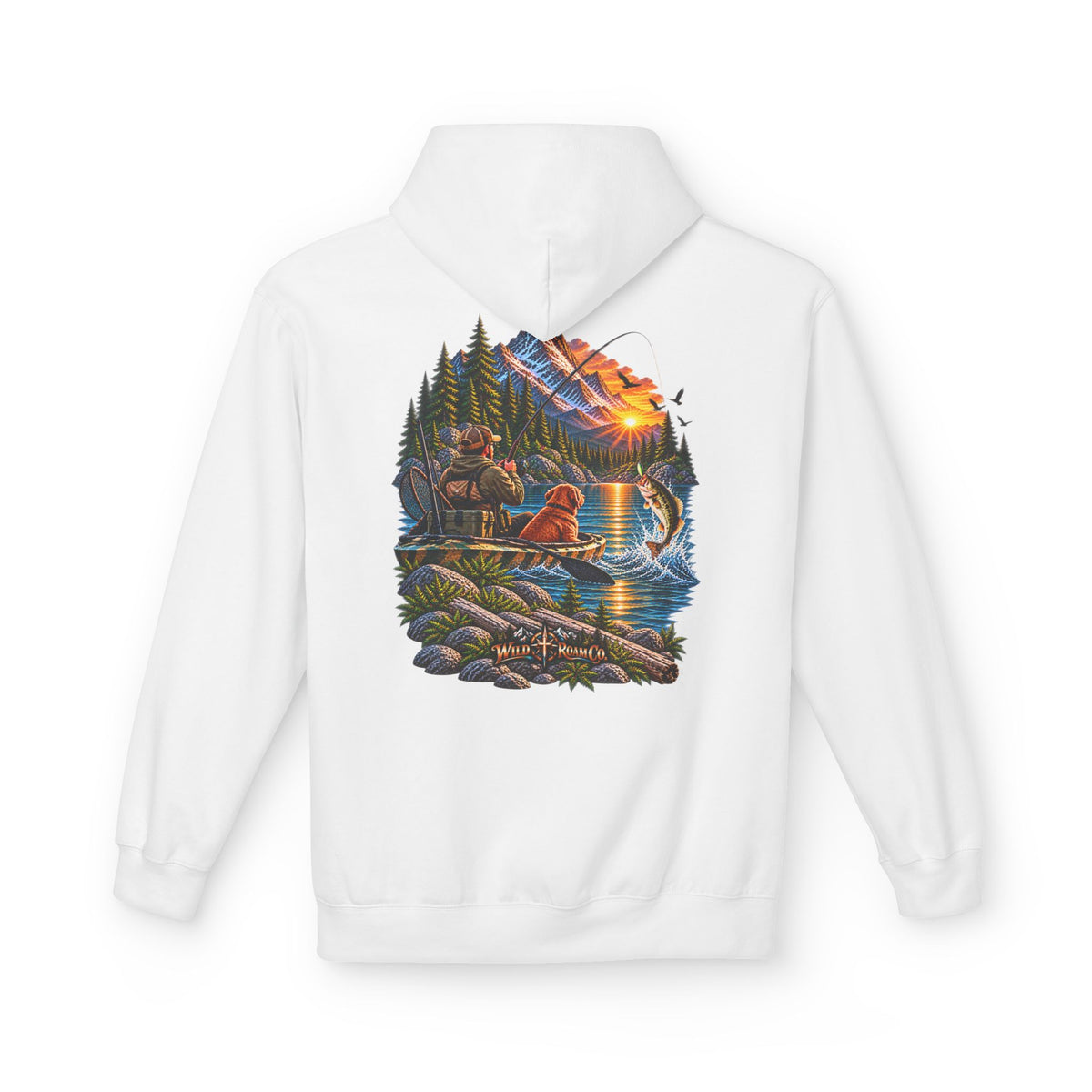 Wild Roam Co. Scenic Adventure Hoodie — "Wild Roam" Mountain & Lake Graphic