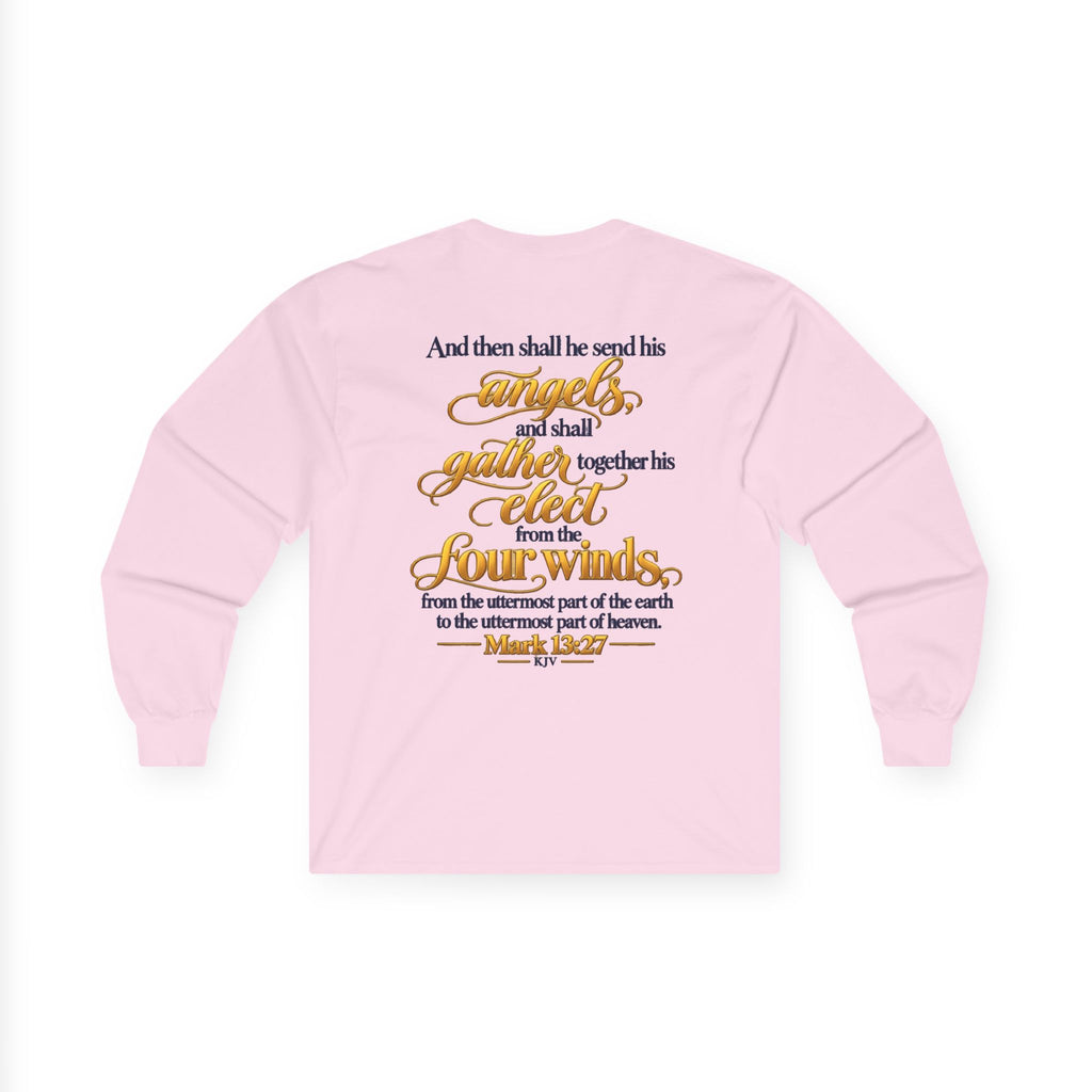 Unisex Long Sleeve Tee — 'Wild & Roam Co.' Faith Logo Graphic with 'Angels Gather' Inspirational Back Quote