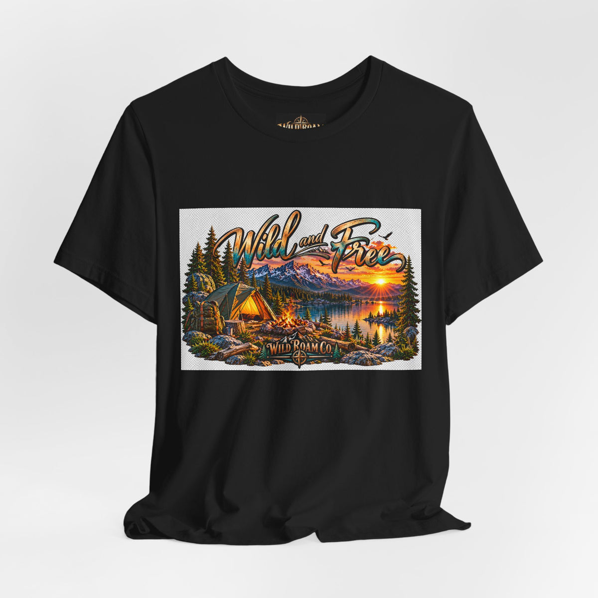 Wild and Free Camping T-Shirt — Mountain Lake Sunset Graphic Tee