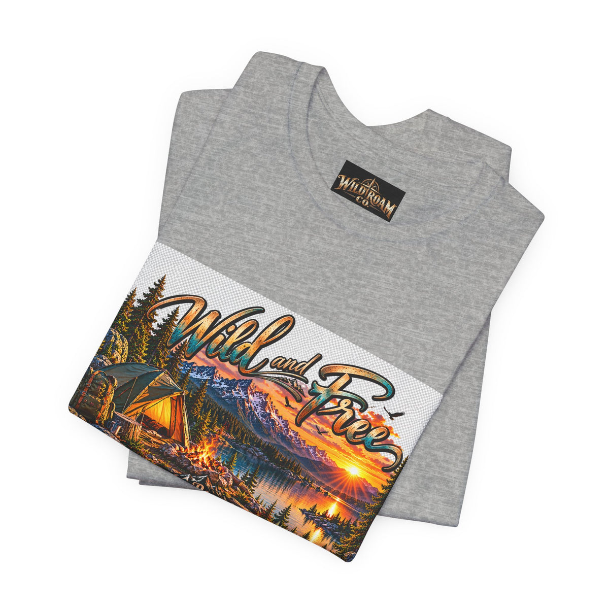 Wild and Free Camping T-Shirt — Mountain Lake Sunset Graphic Tee