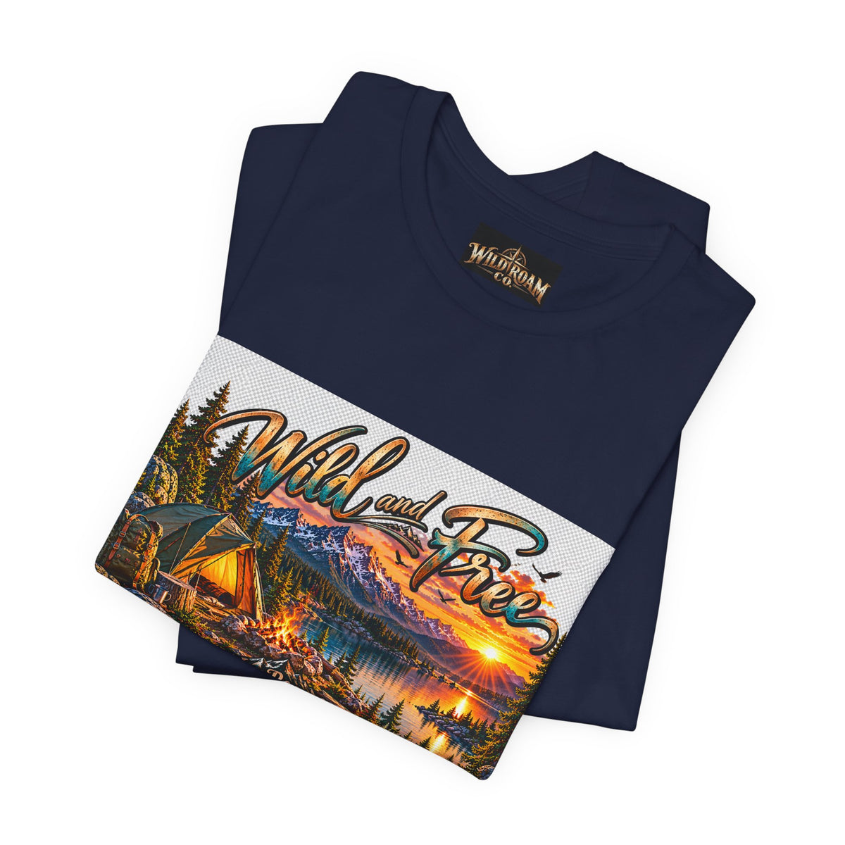 Wild and Free Camping T-Shirt — Mountain Lake Sunset Graphic Tee