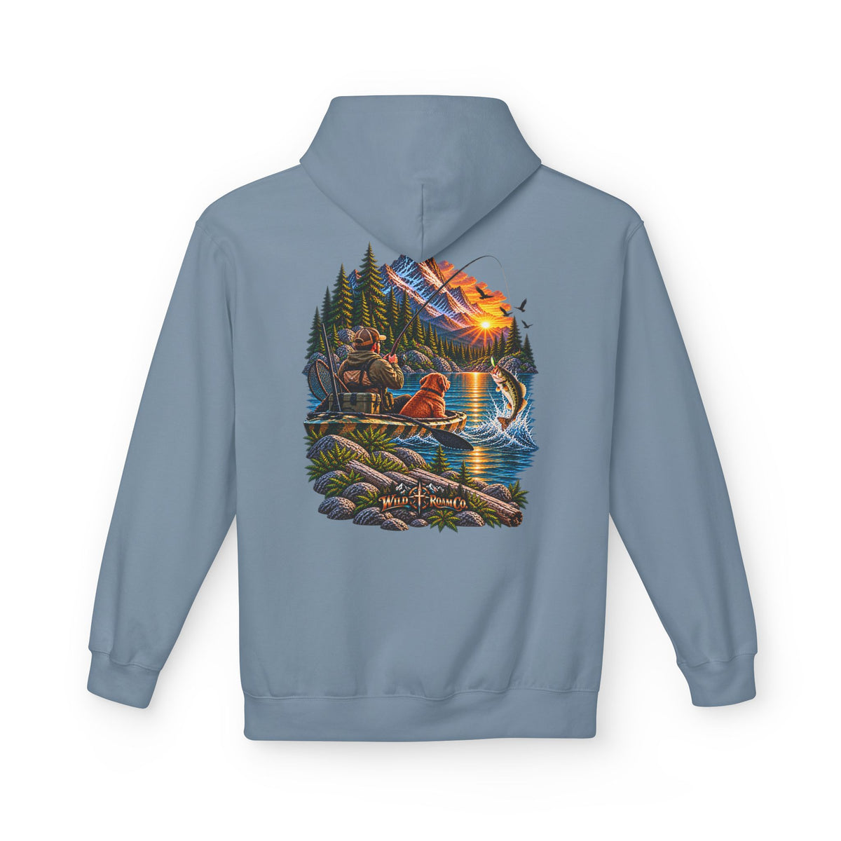 Wild Roam Co. Scenic Adventure Hoodie — "Wild Roam" Mountain & Lake Graphic